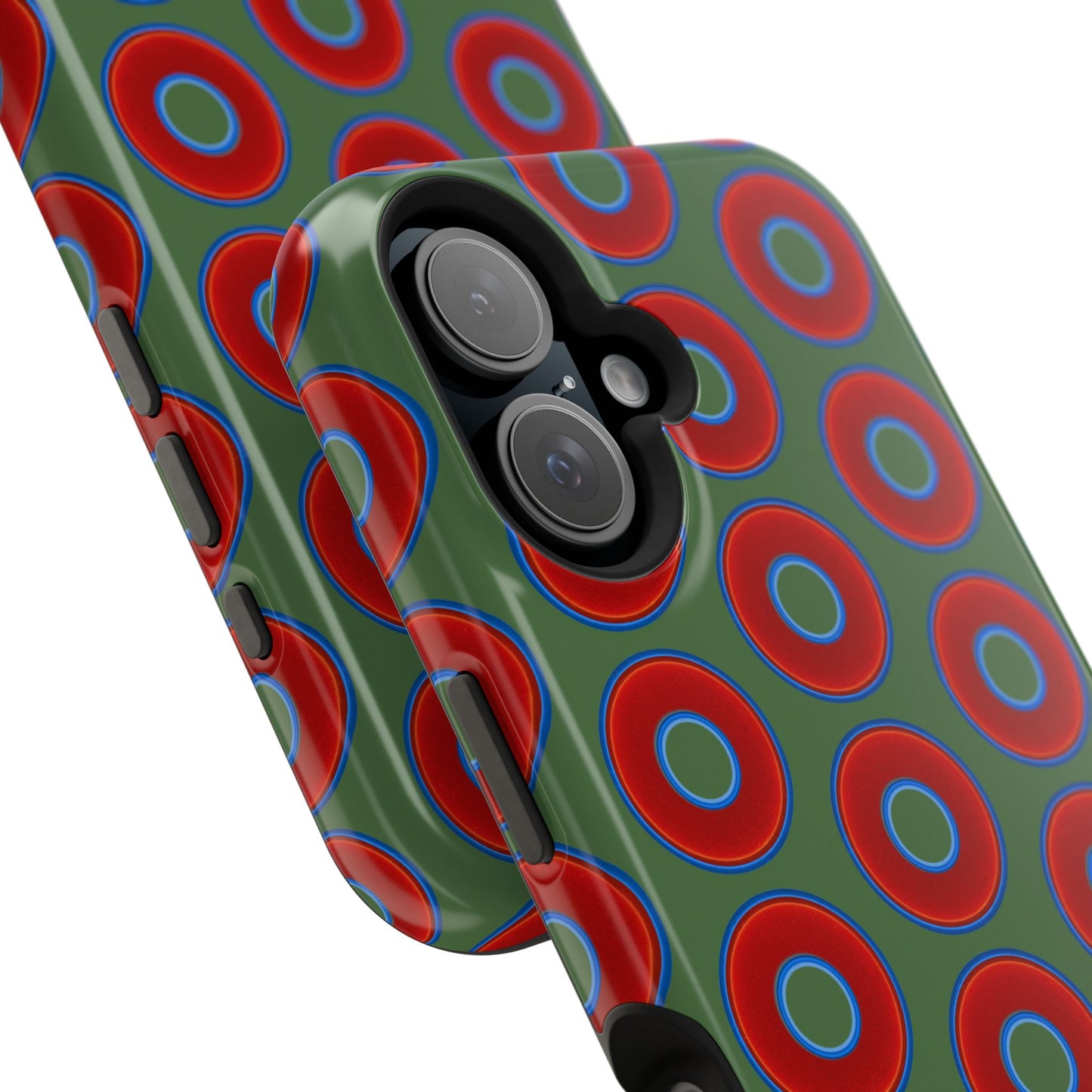 Impact-Resistant Lumpy Donut Case - red vivid donut print w/dark green background