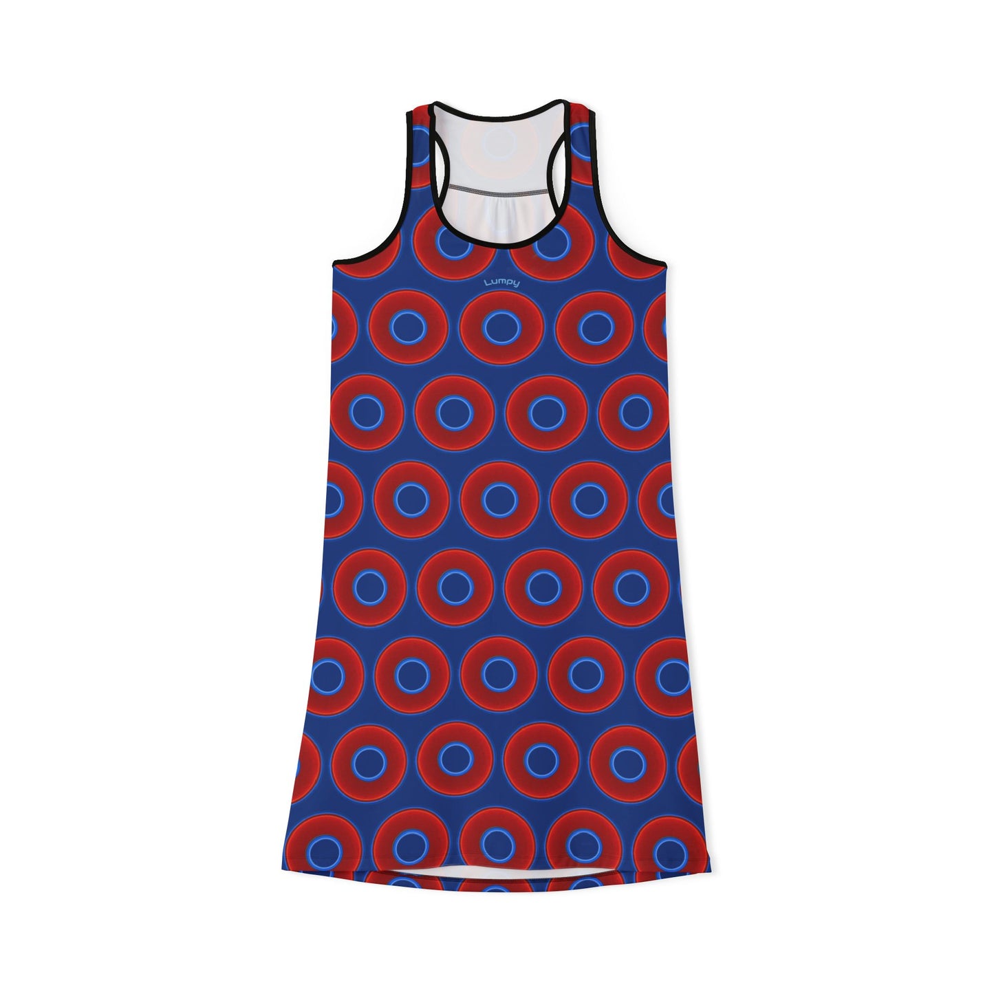 Tela's Lumpy Racerback Donut Dress - red vivid donut print w/dark blue background