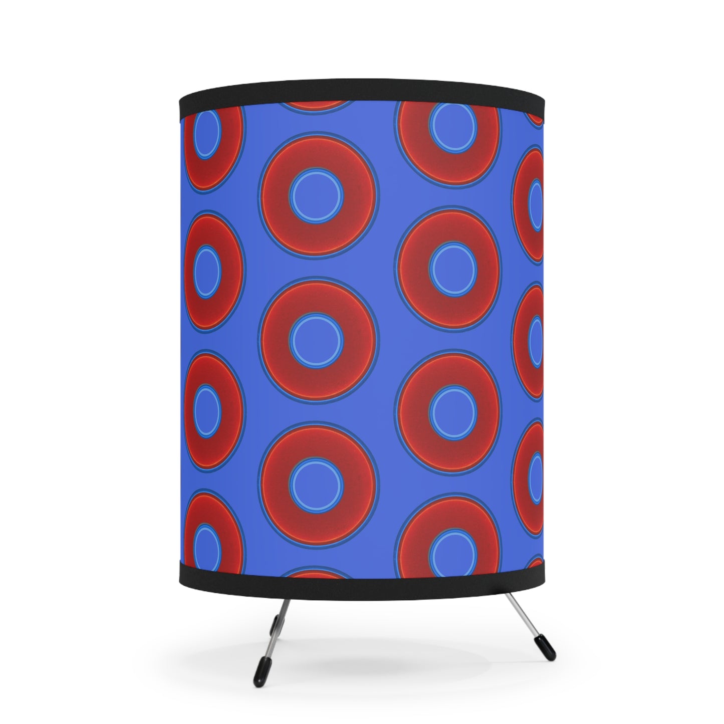 Lumpy Tripod Donut Lamp - vivid red donuts w/royal blue background