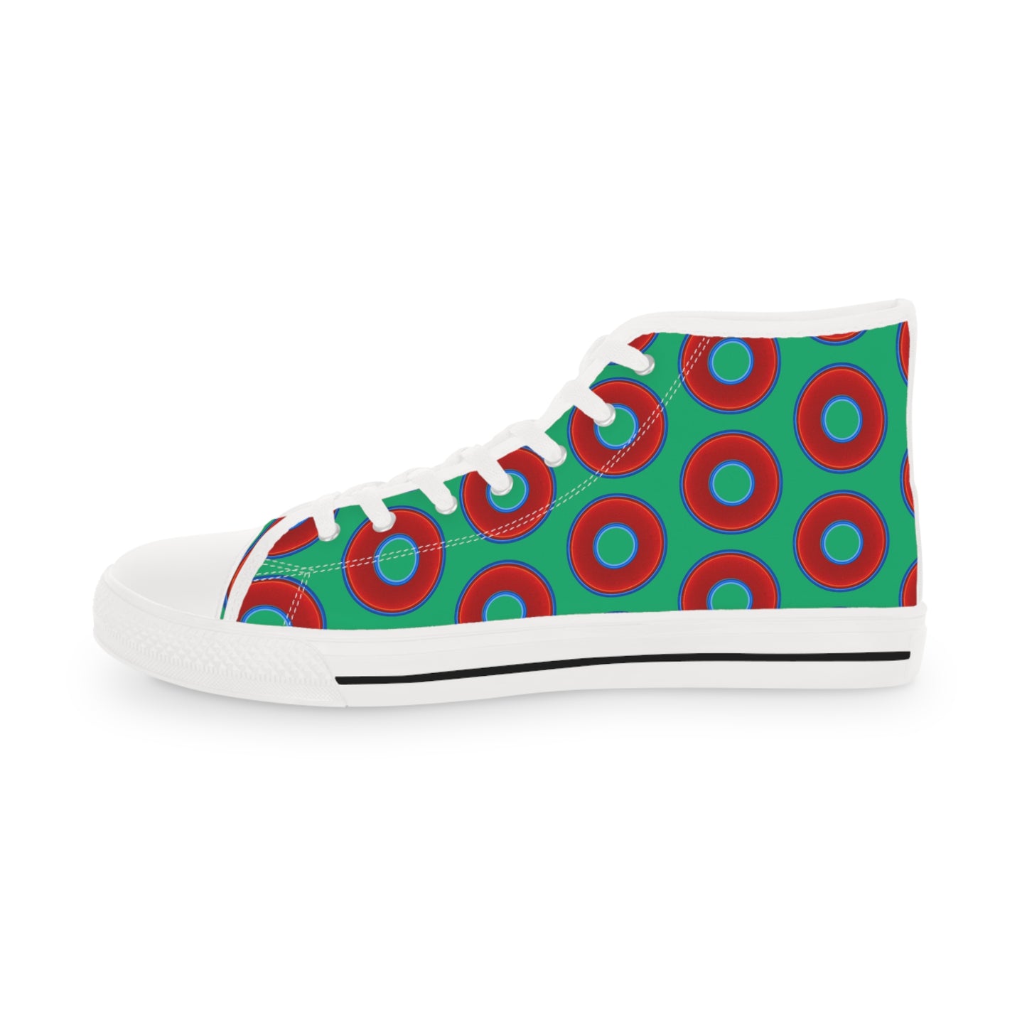 Men's High Top Chucks - large vivid red donut print w/jade green background