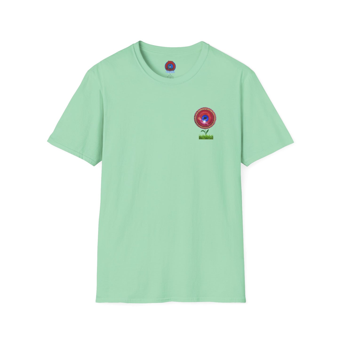 Classic Donut Tee - Unisex Soft-Style - "Smell the Donuts Outside on my Lawn"  " variant 1 - blue donut on red donut/flower