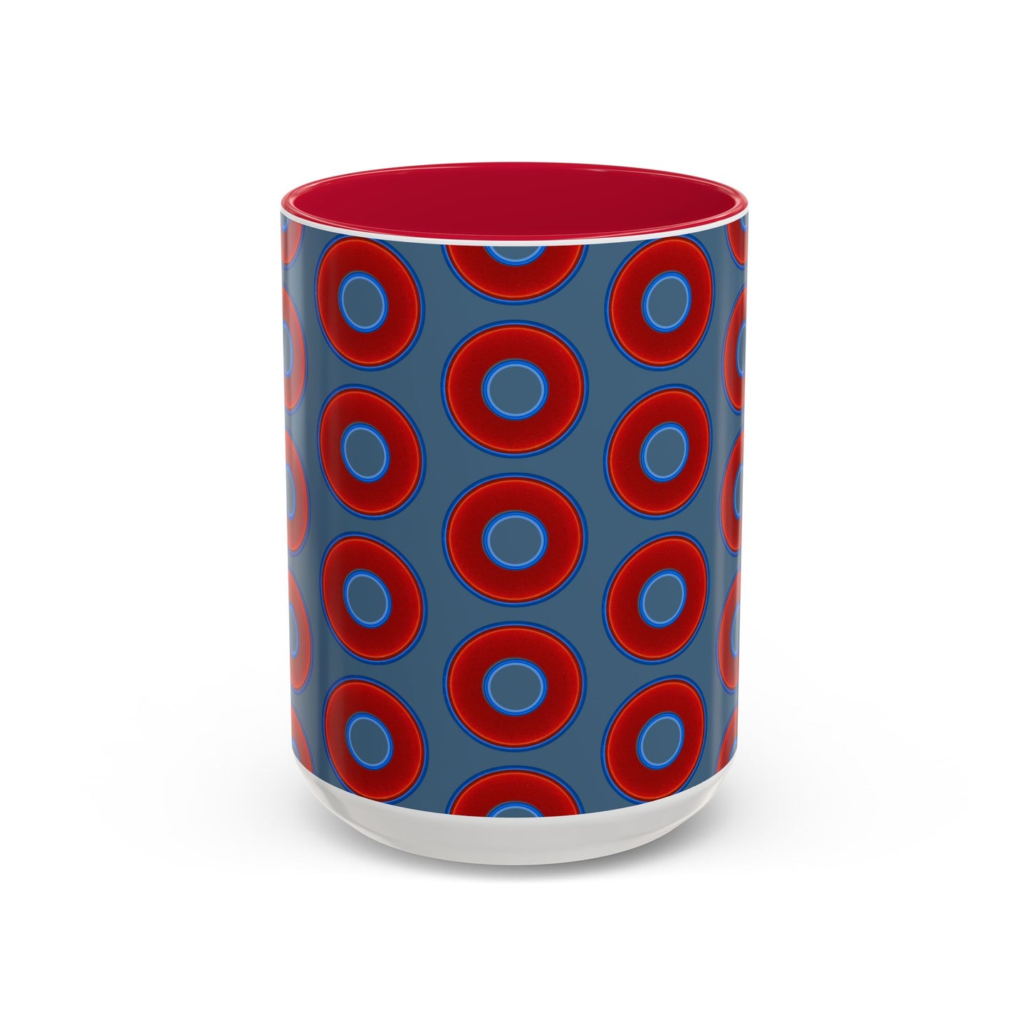 Lump's Grumpy Coffee Mug - vivid red donuts w/steel blue background