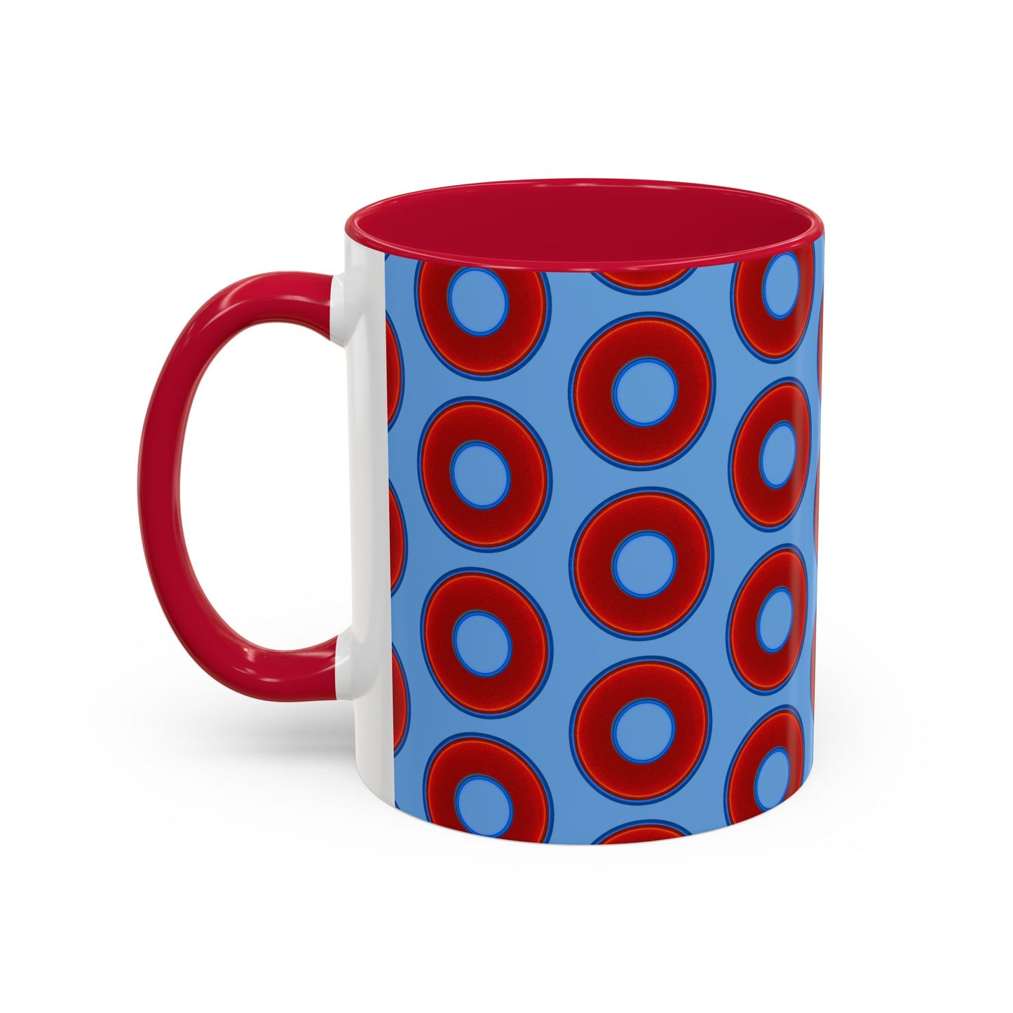 Lump's Grumpy Coffee Mug - vivid red donuts w/light blue background