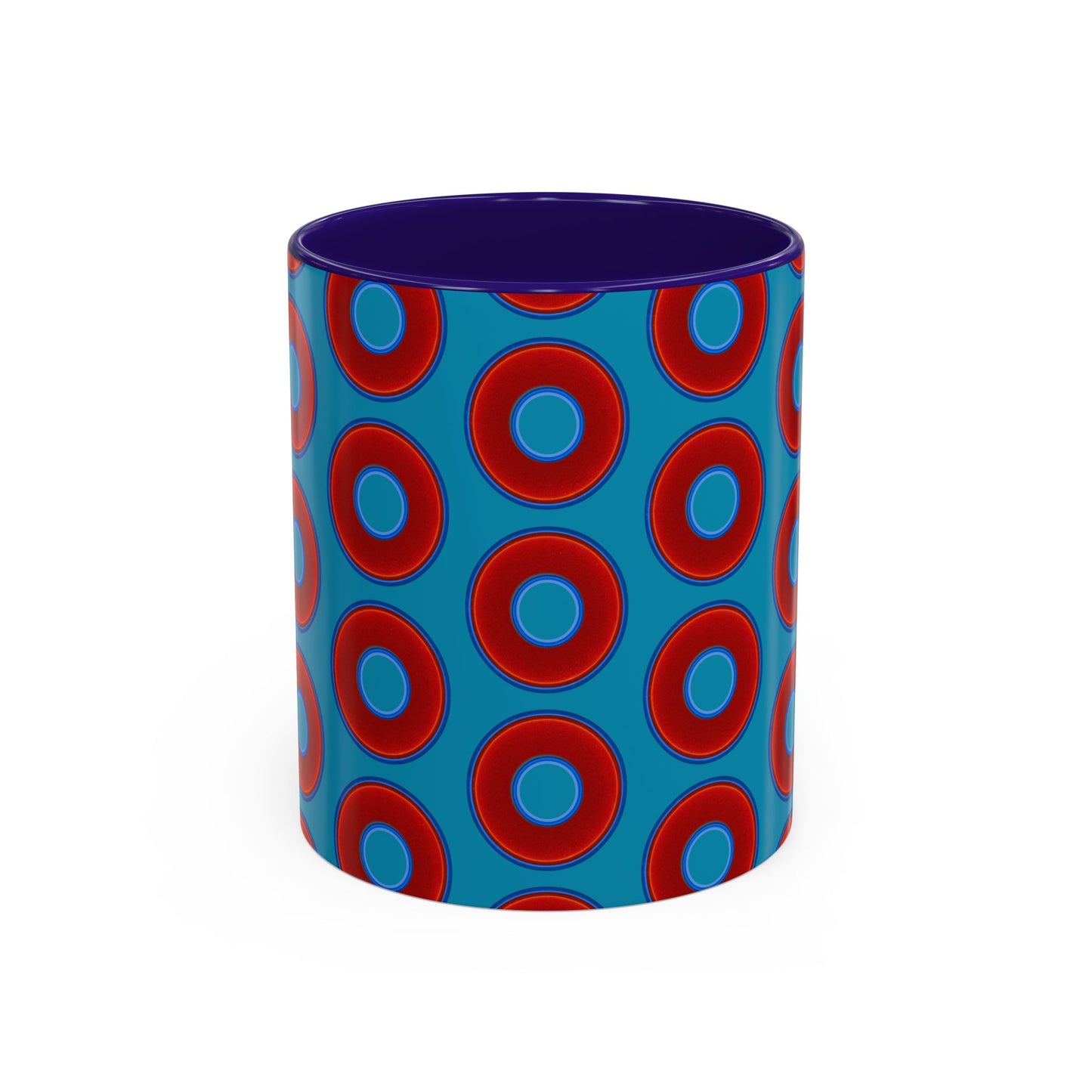 Lump's Grumpy Coffee Mug - vivid red donuts w/aquamarine blue background