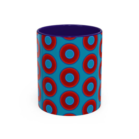 Lump's Grumpy Coffee Mug - vivid red donuts w/aquamarine blue background