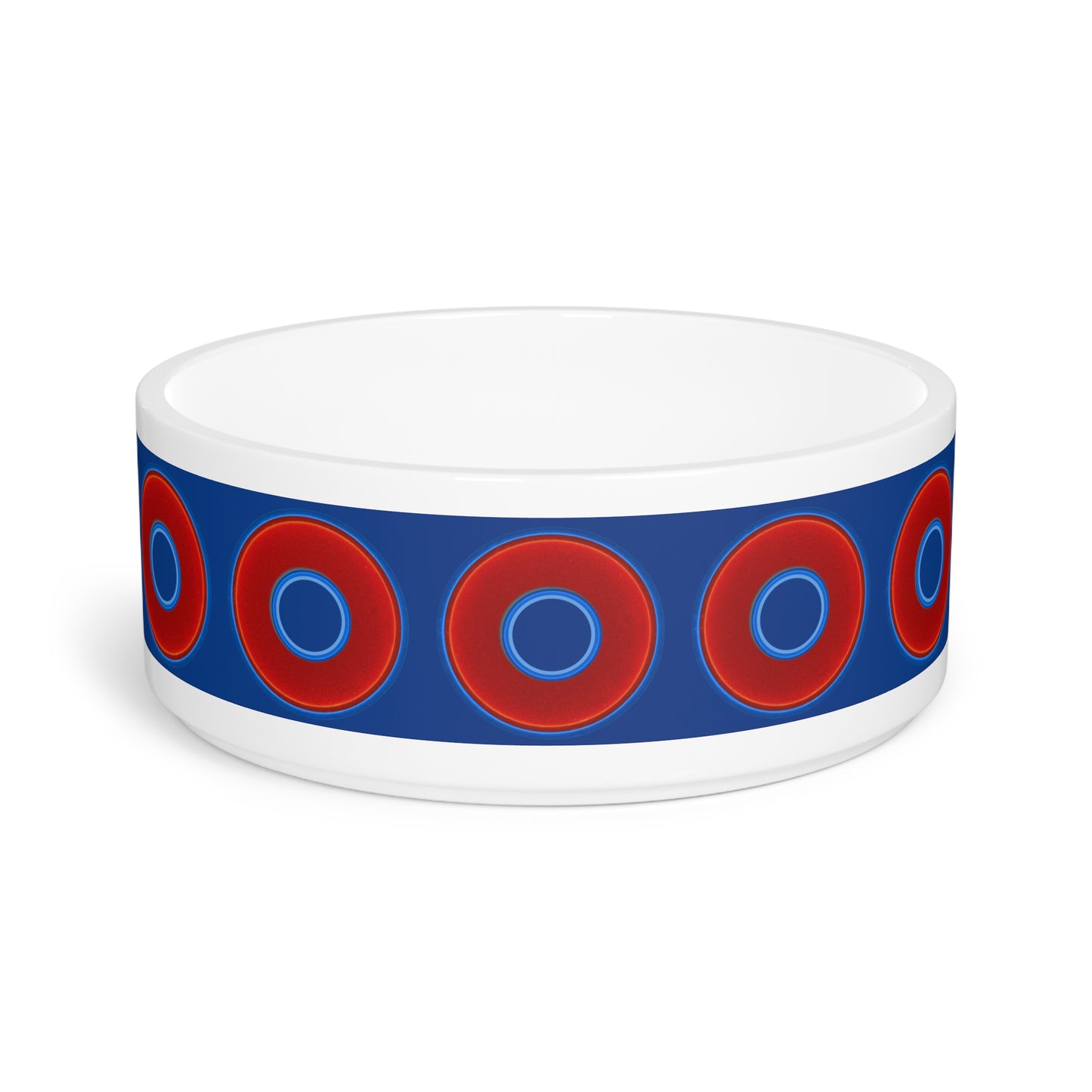 16 oz Lumpy Pet Bowl - vivid red donuts w/dark blue background
