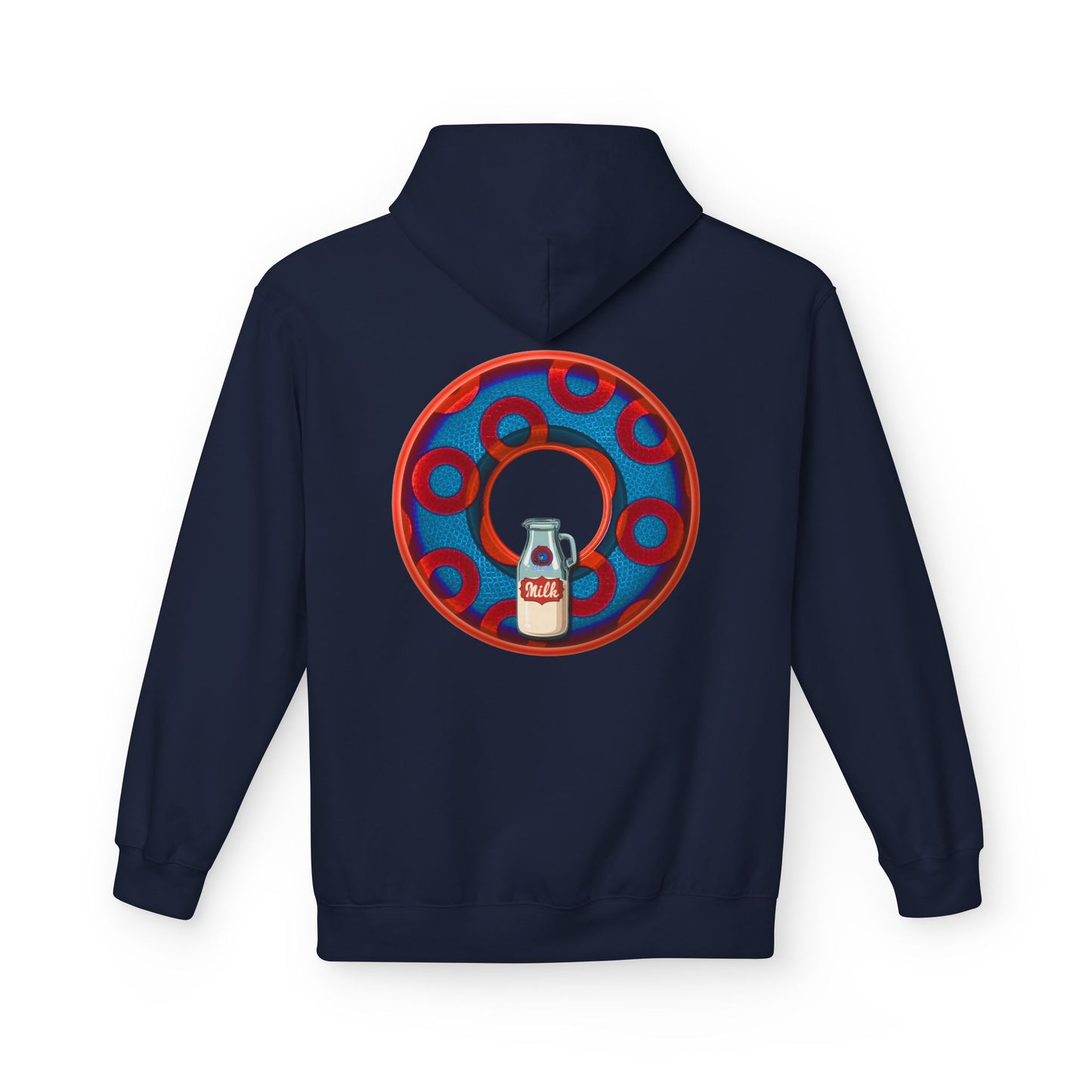Fleece Harry Hoodies [Midweight Soft-style] - "Wooked Cream Dairy - YEMSG Donut" - blue/red rustic paradox donut - variant 1