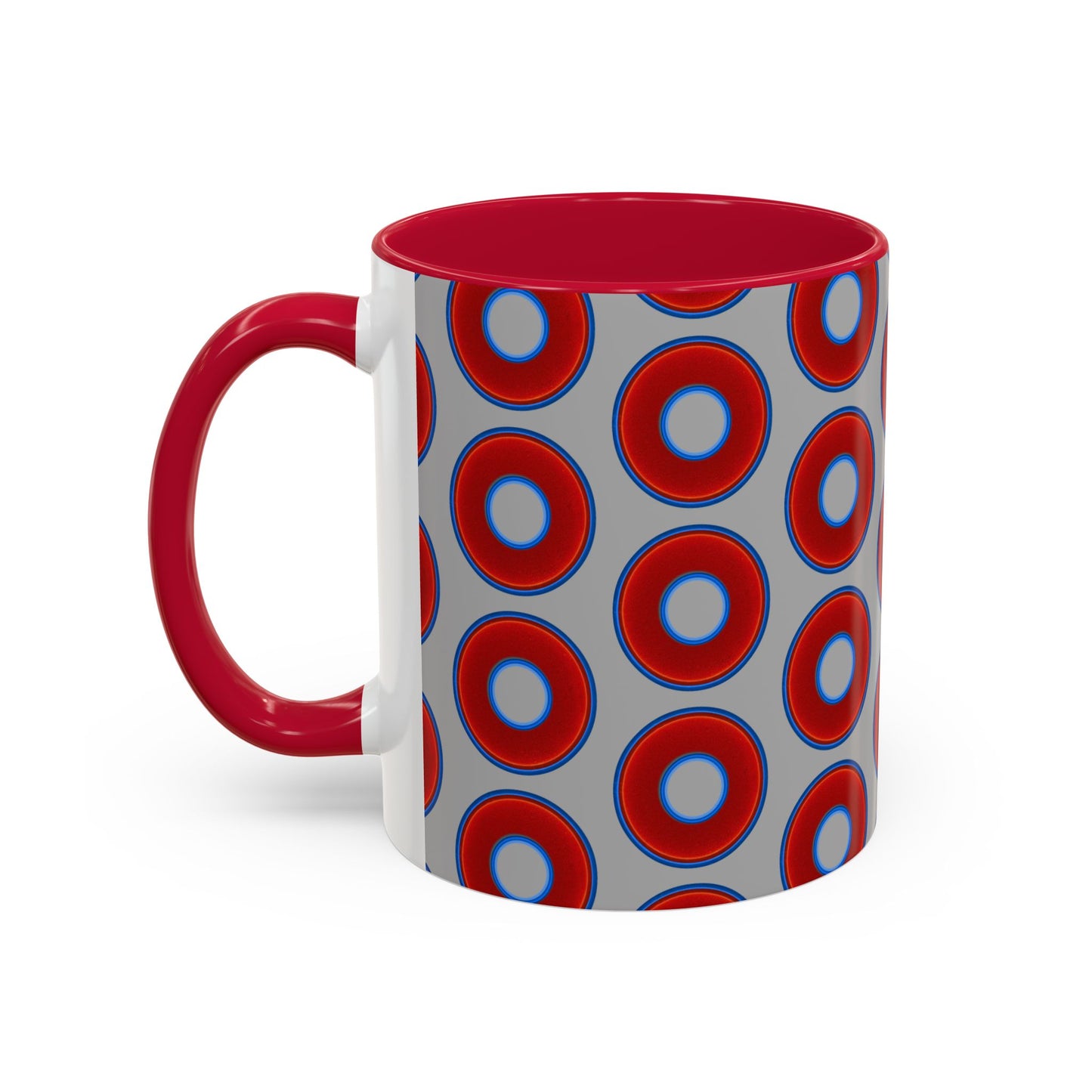 Lump's Grumpy Coffee Mug - vivid red donuts w/light gray background