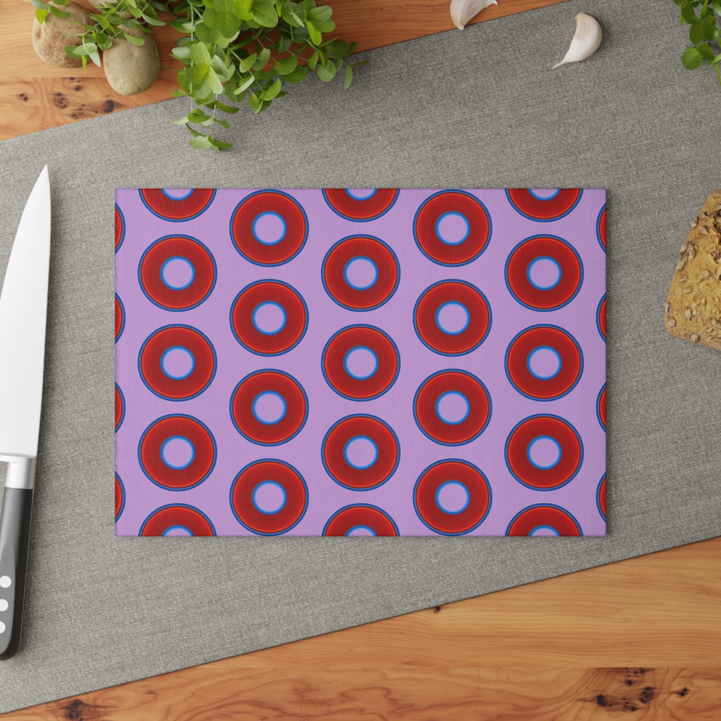My Friend's Cutting Board - vivid red donuts w/wisteria purple background