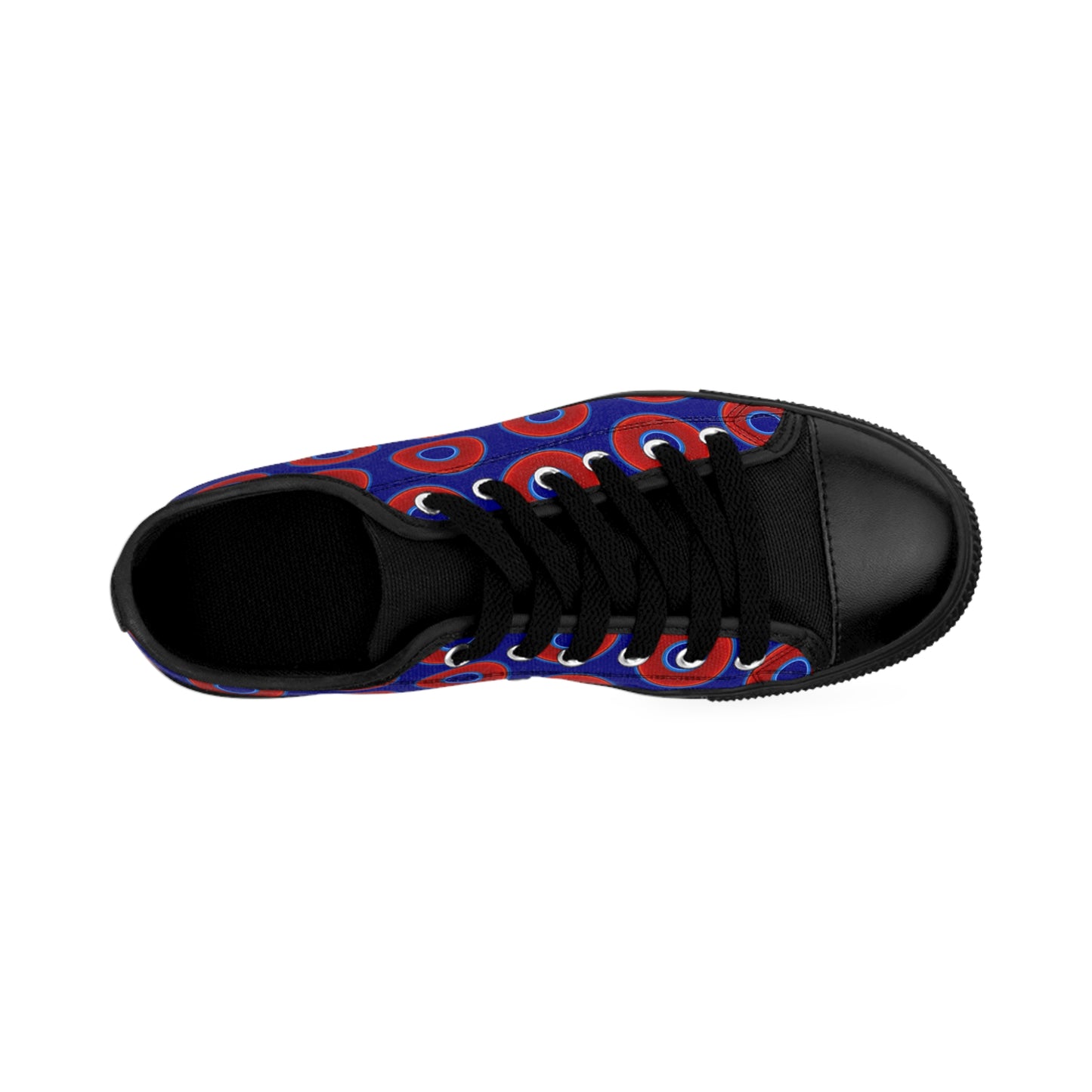 Women's Cushiony Convectors - Low Top - large red vivid donut print w/vivid navy blue background