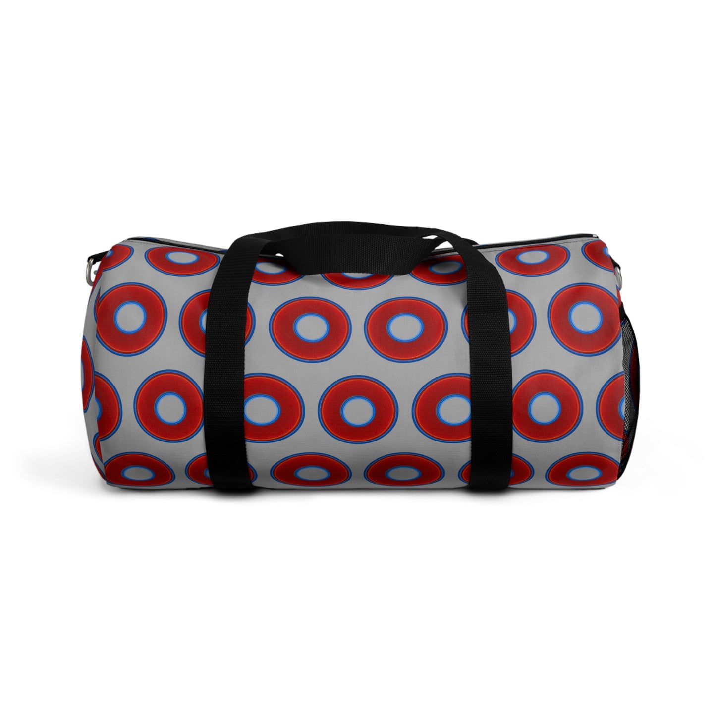 Lumpy Duffel - vivid red donuts w/light gray background