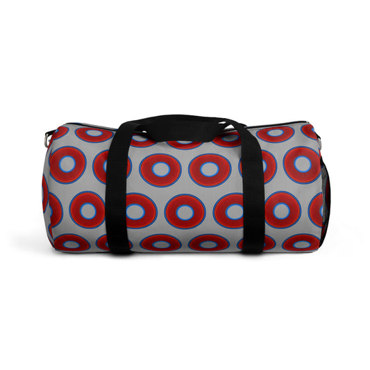 Lumpy Duffel - vivid red donuts w/light gray background