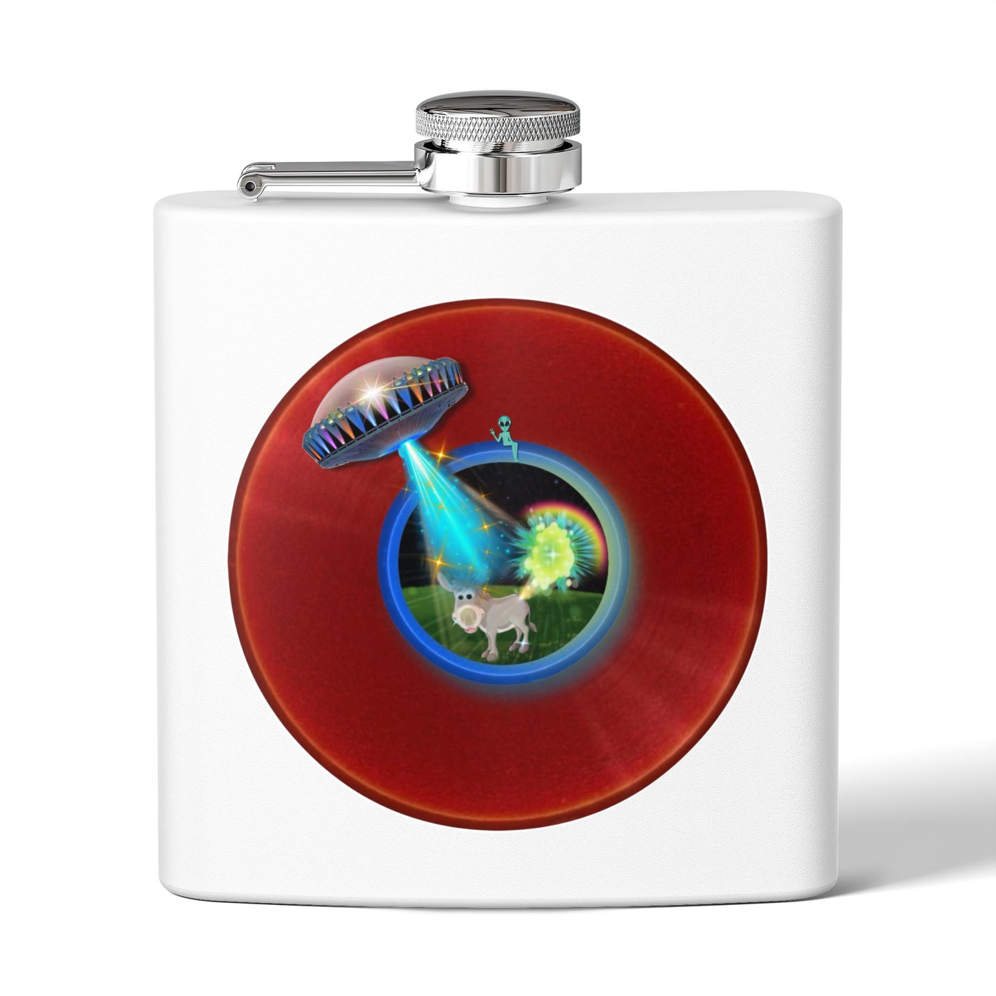 Lump's Donut Flask 6 oz -  "This Flask Scents of a Mule" - vivid red donut - [*w/your choice of 6 backgrounds]