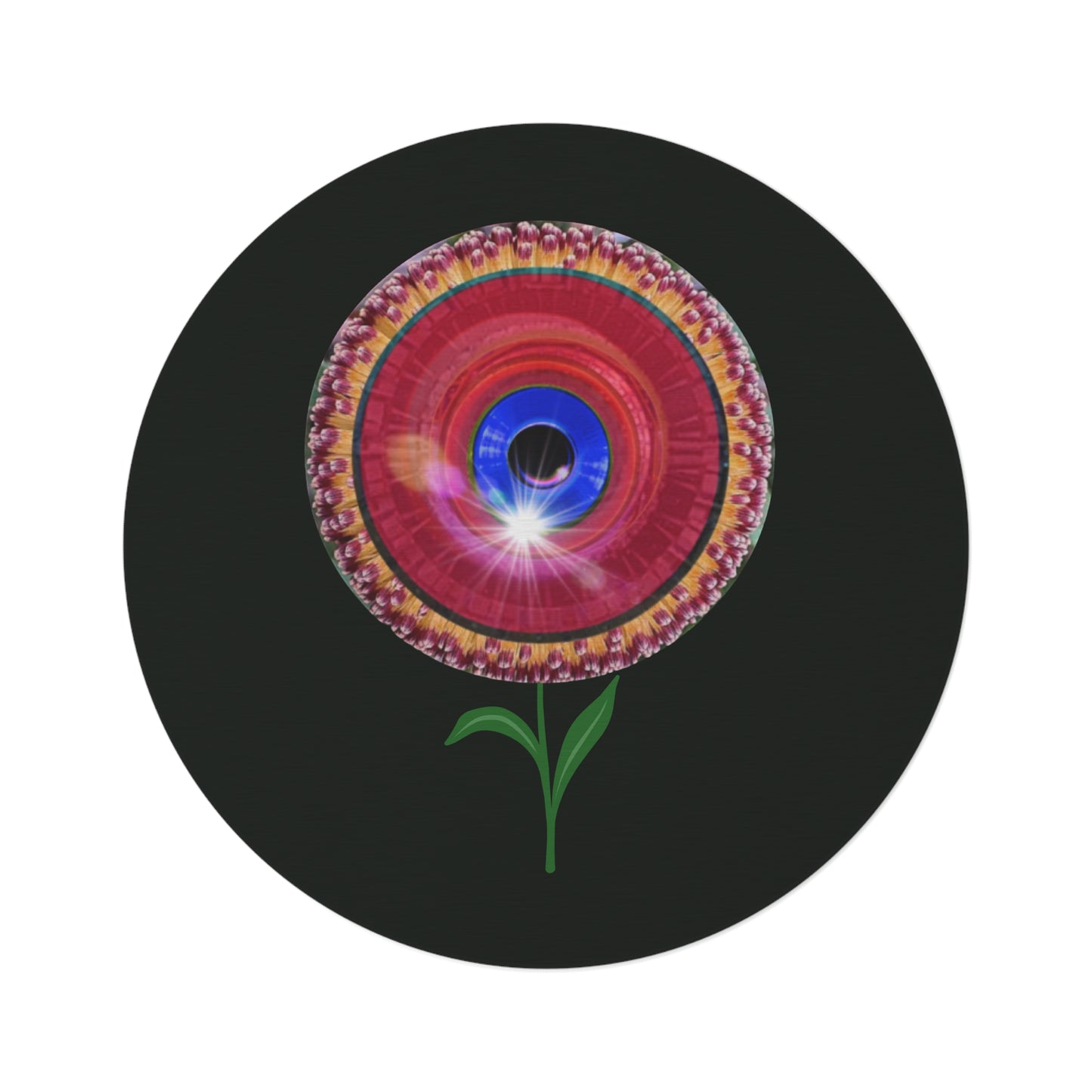 Round Room - 5 ft x 5 ft Lumpy Donut Rug - "Smell The Donuts Inside On My Rug" - red flour donut w/midnight moss green background - variant 1