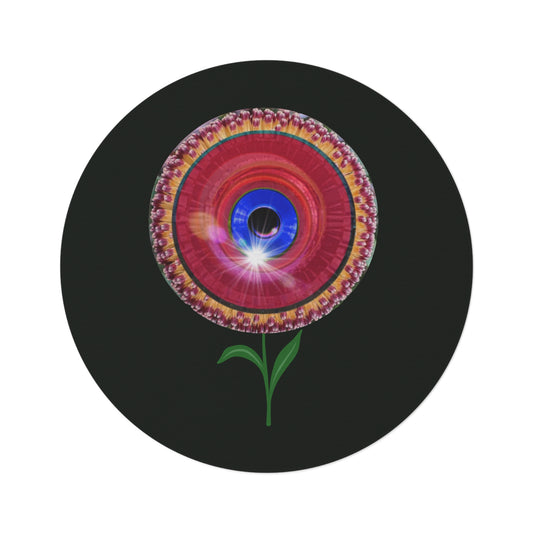 Round Room - 5 ft x 5 ft Lumpy Donut Rug - "Smell The Donuts Inside On My Rug" - red flour donut w/midnight moss green background - variant 1