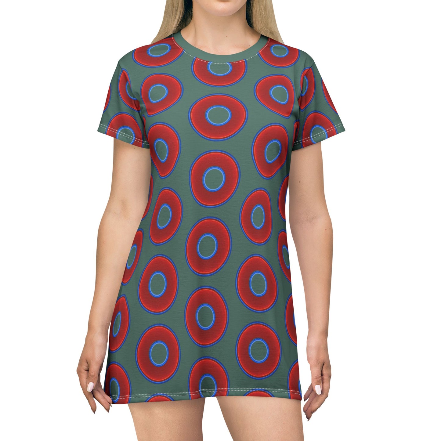 Not a Muumuu AOP Tee Shirt Dress - red vivid donuts w/light Fenway green background