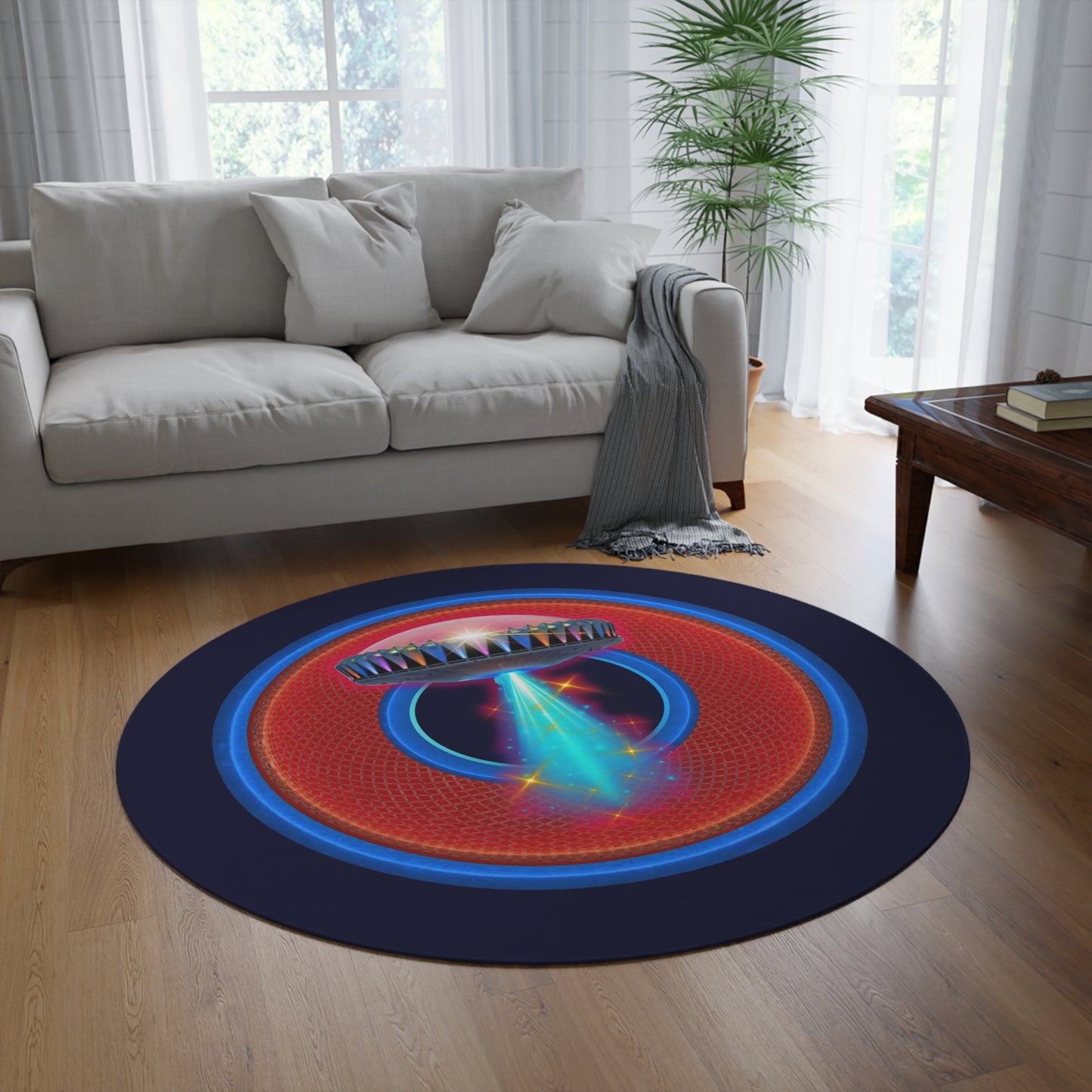 Round Room - 5 ft x 5 ft Lumpy Donut Rug - "They Have Rugs on the Mothership now" - rustic red/blue donut w/dark navy background - variant 1