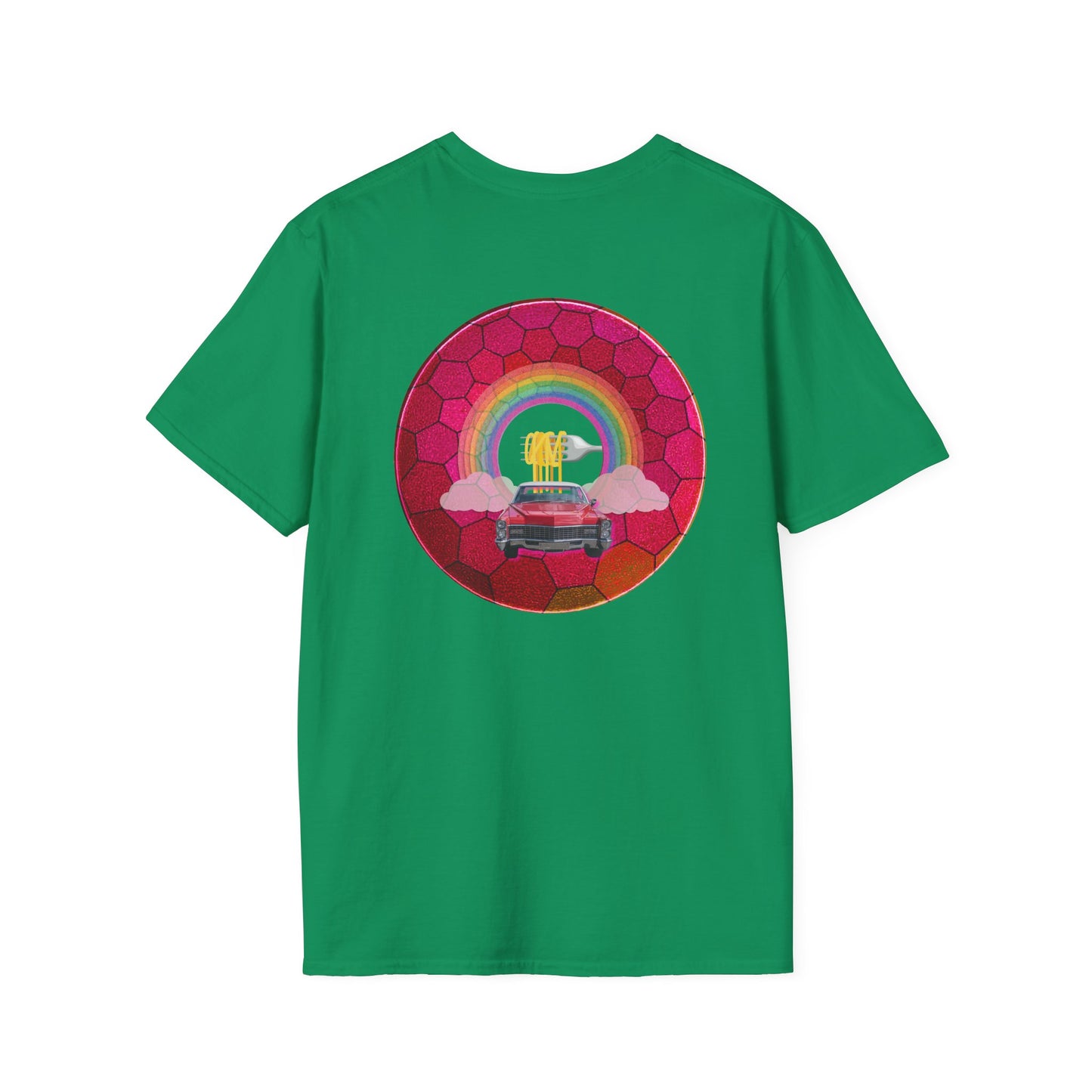 Classic Donut Tee - Unisex Soft-Style - "Cadillac Rainbows Donut Tee" - variant 1 - magenta hexadonut w/red caddy