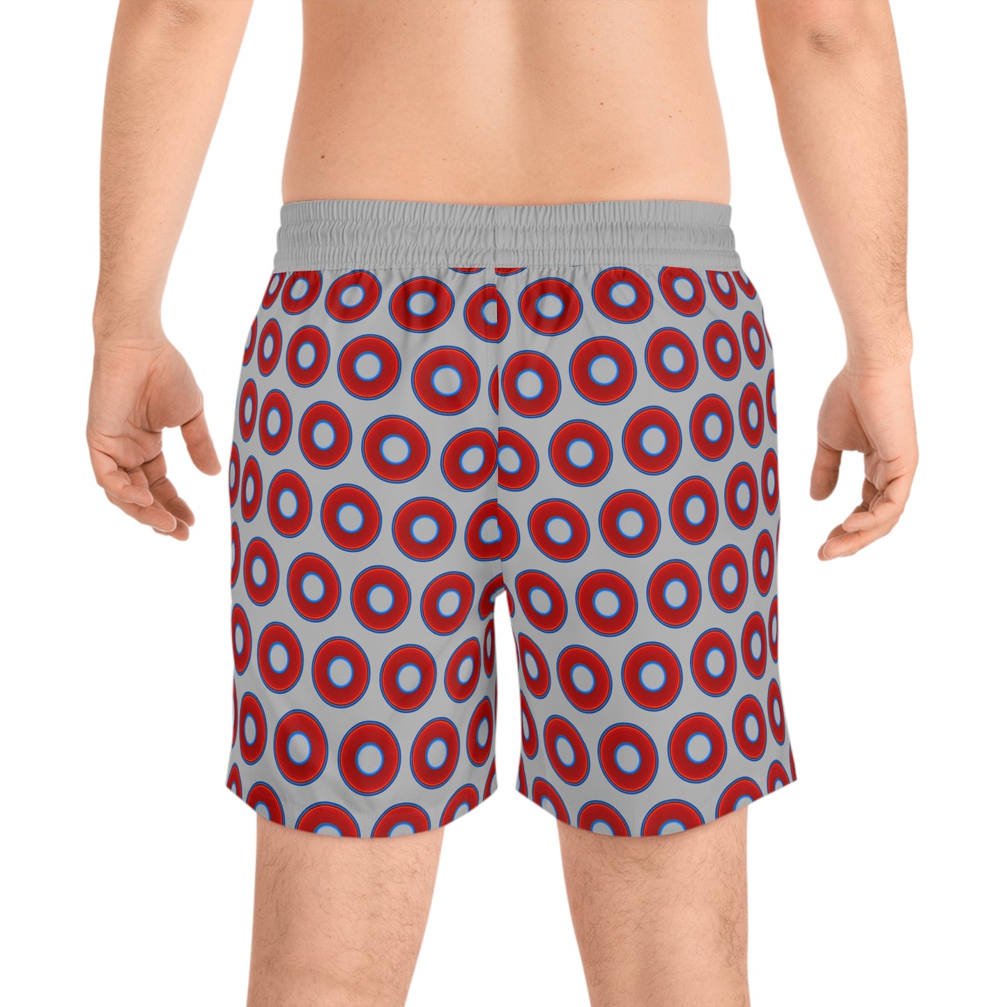 Men's Lumpy Swim Trunks - vivid red donut print w/light gray background