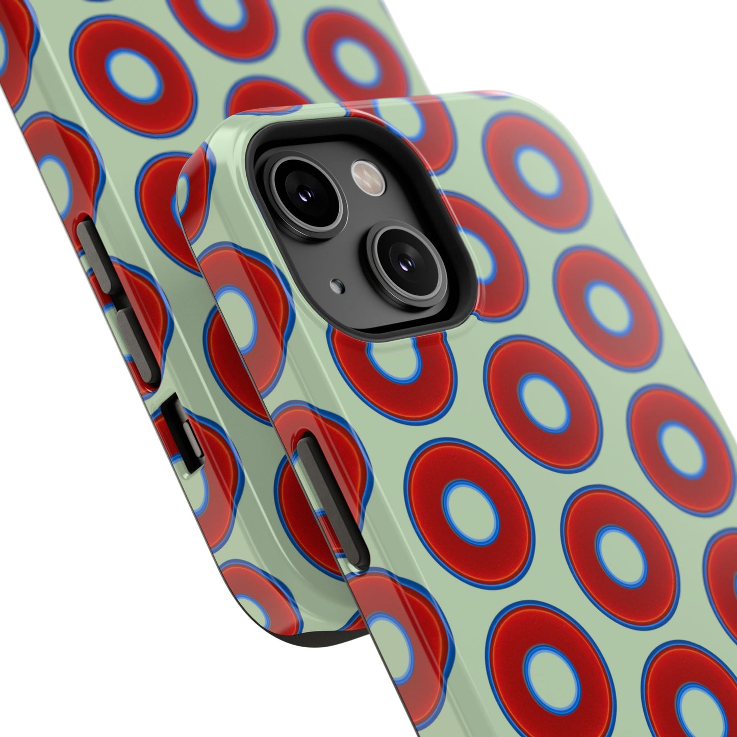 Impact-Resistant Lumpy Donut Case - red vivid donut print w/seafoam green background