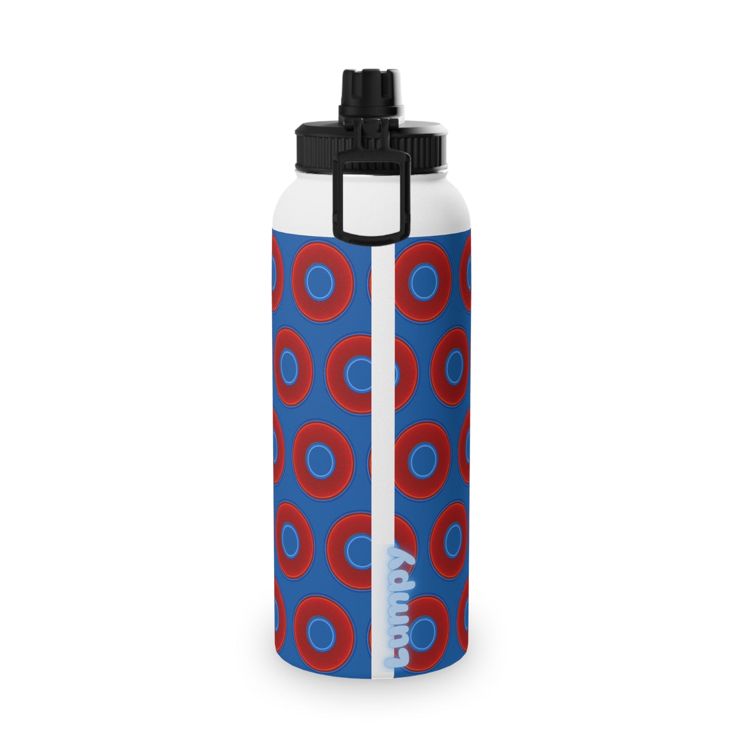 32oz Lumpy Stainless Steel Water Bottle - vivid red donuts w/dark royal blue background