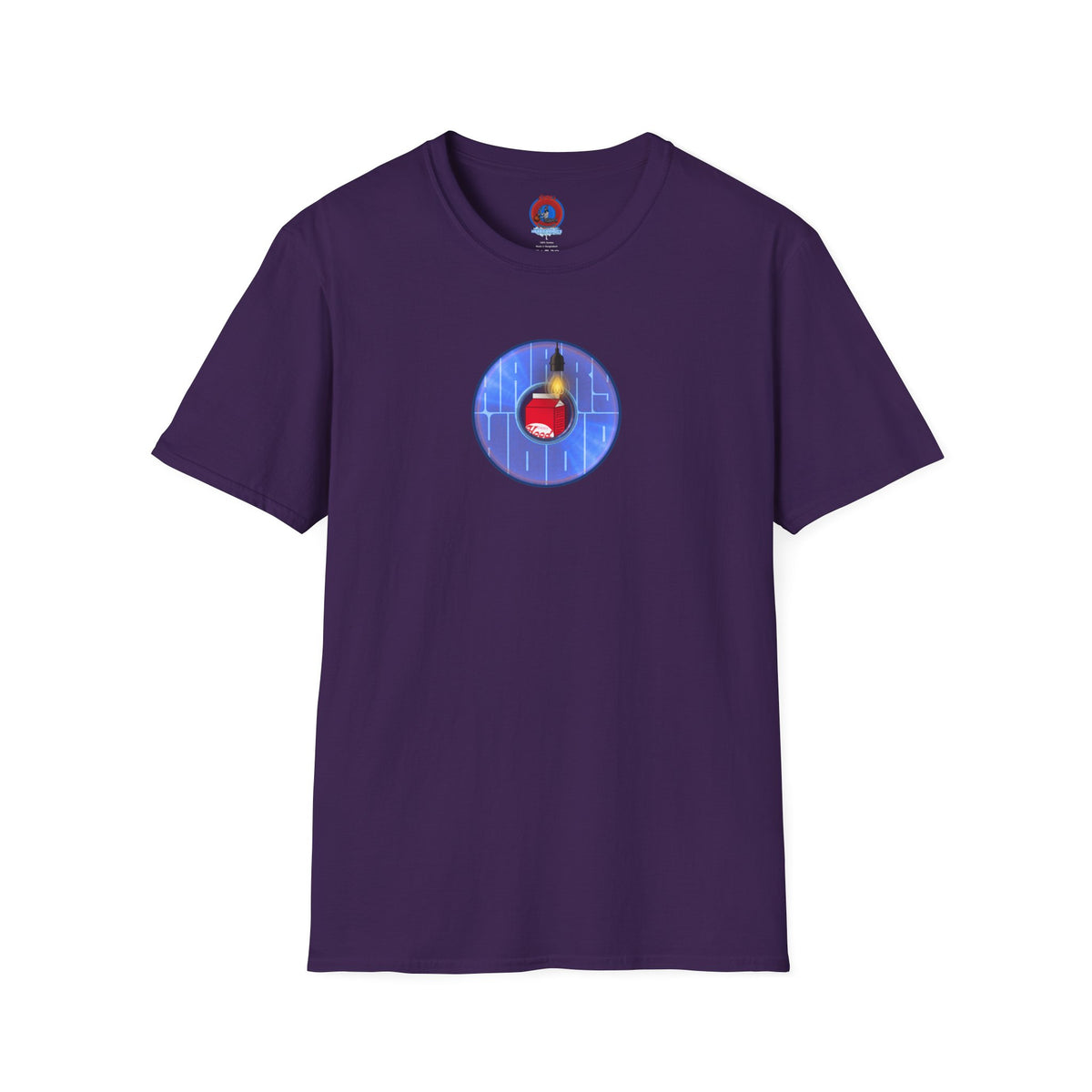 Classic Donut Tee - Unisex Soft-Style - "Harry Left His Donut Shirt" - series 1.0  - variant 4 - purple/blue donut - w/milk & light on