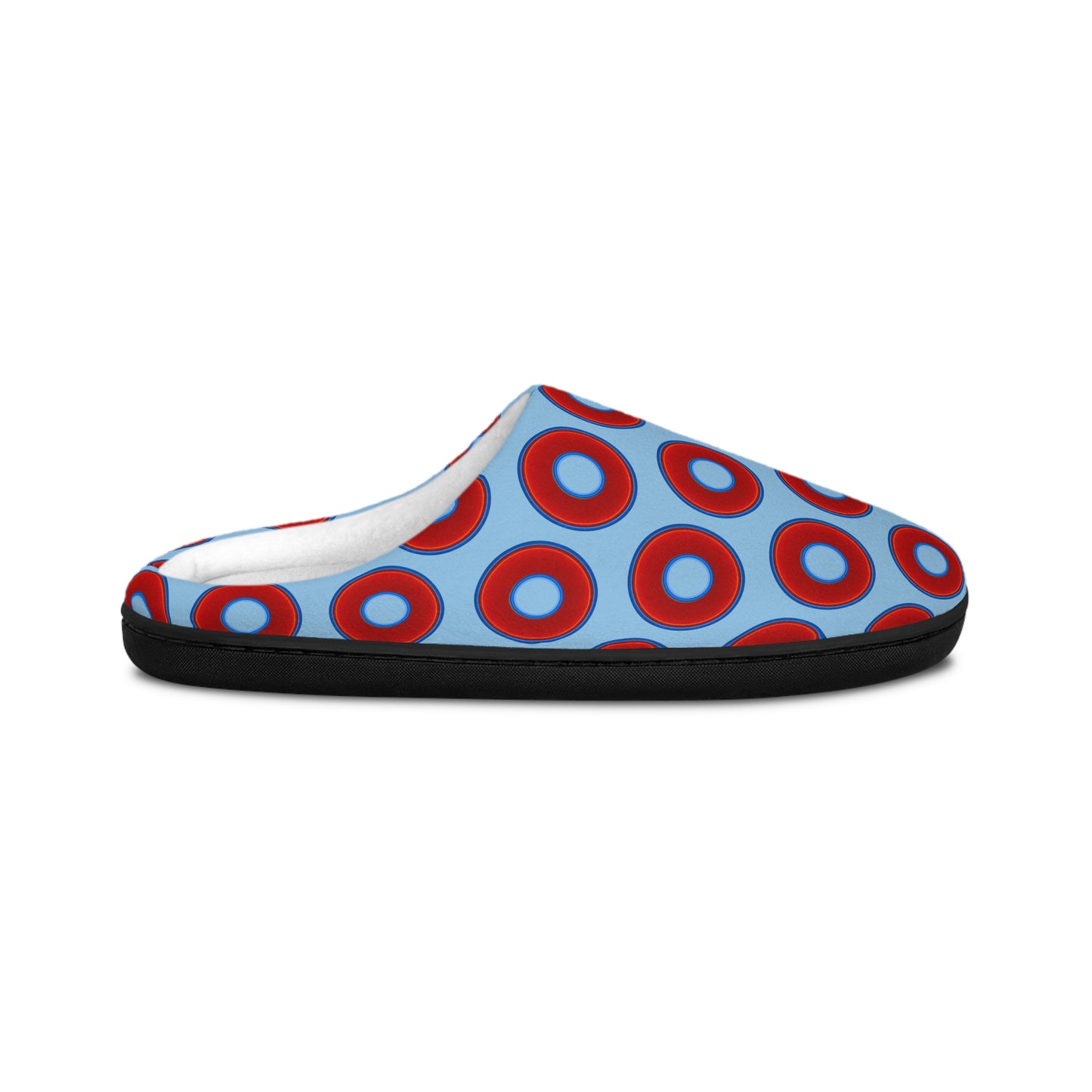 Men's Lumpy Slippers - red vivid donut print w/sky blue background