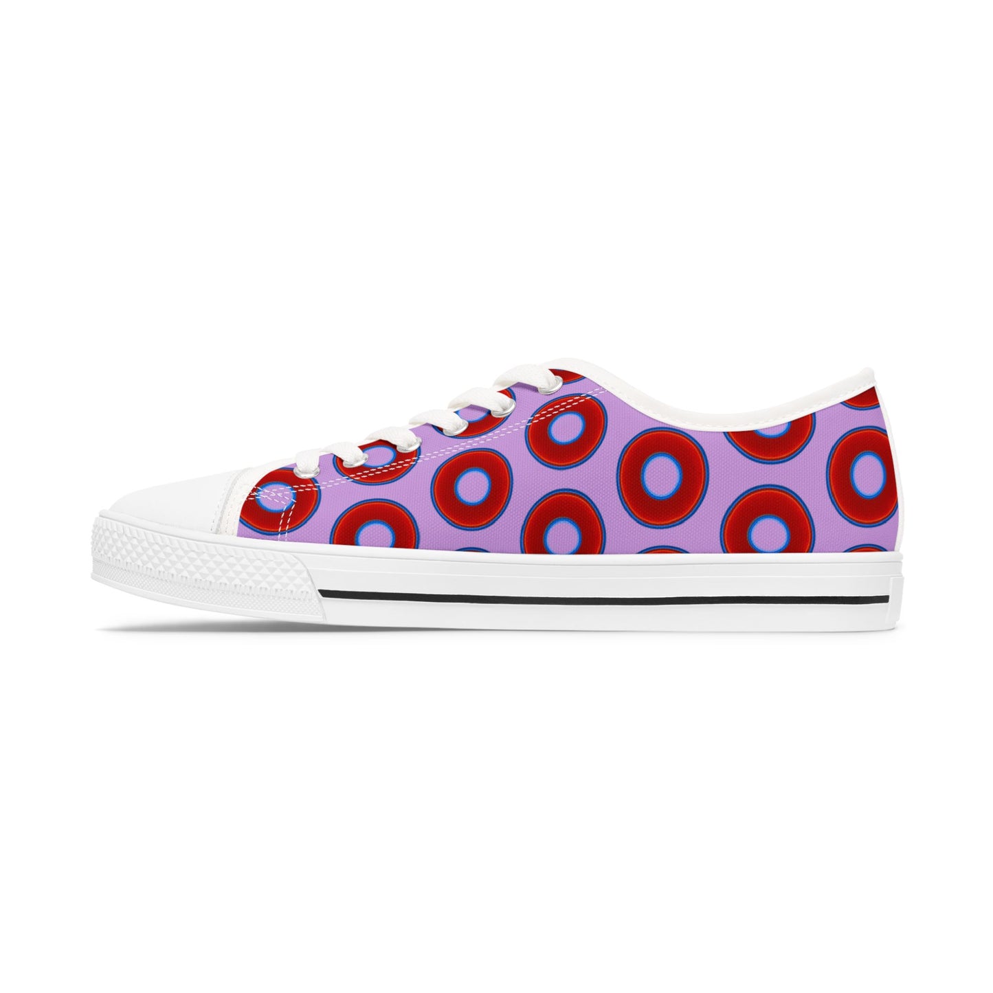 Women's - Low Top Chuck Taylors - large vivid red donut print w/wisteria purple background