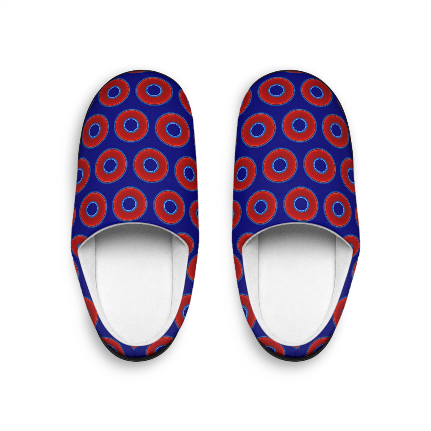 Women's Lumpy Slippers - red vivid donut print w/vivid navy blue background