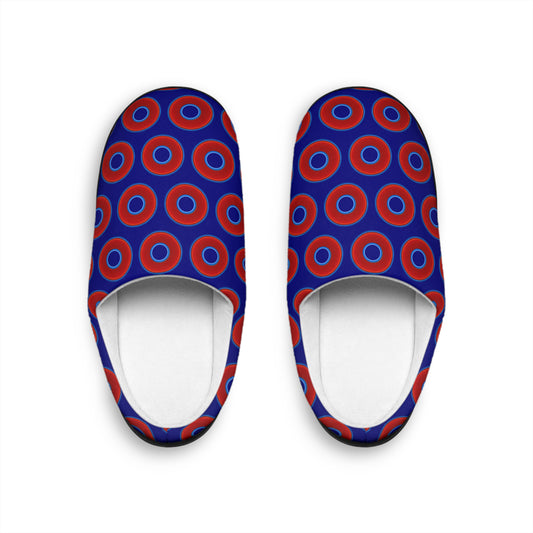Women's Lumpy Slippers - red vivid donut print w/vivid navy blue background