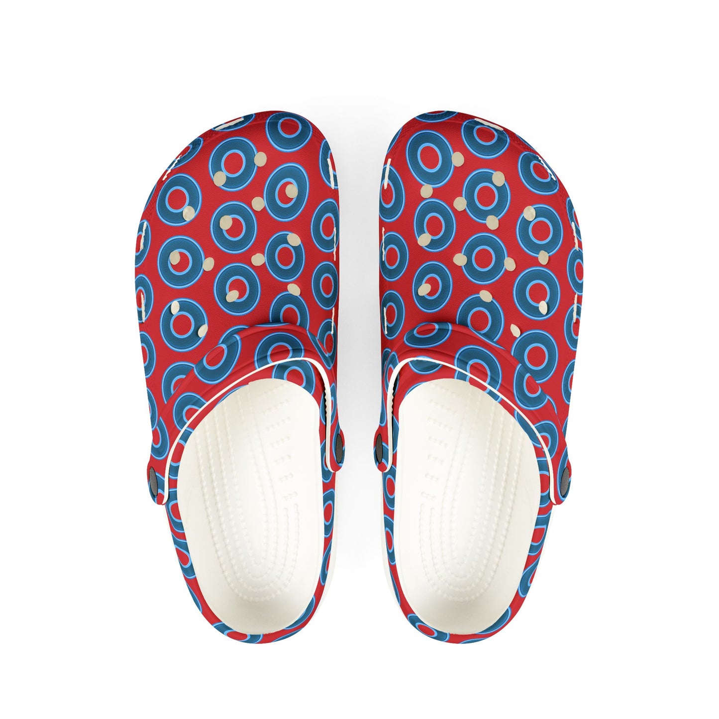 Spatchcocks - donut slip-on shoes - blue rustic donuts w/red background [unisex]