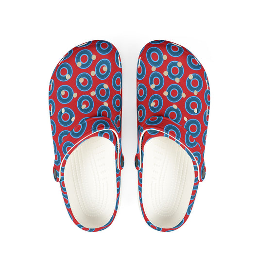 Spatchcocks - donut slip-on shoes - blue rustic donuts w/red background [unisex]