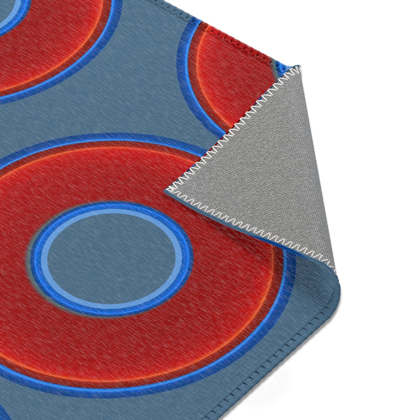 Lumpy Donut Print Rug - choice of 3 sizes - vivid red donut print w/steel blue background