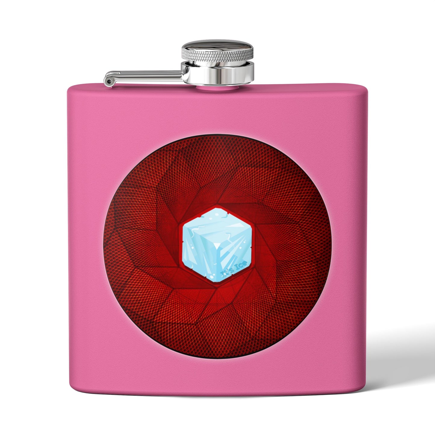 Lump's Donut Flask 6 oz -  "It's Ice... Cube's Donut Flask" - variant 1 - red cubed donut - [*w/your choice of 6 backgrounds]