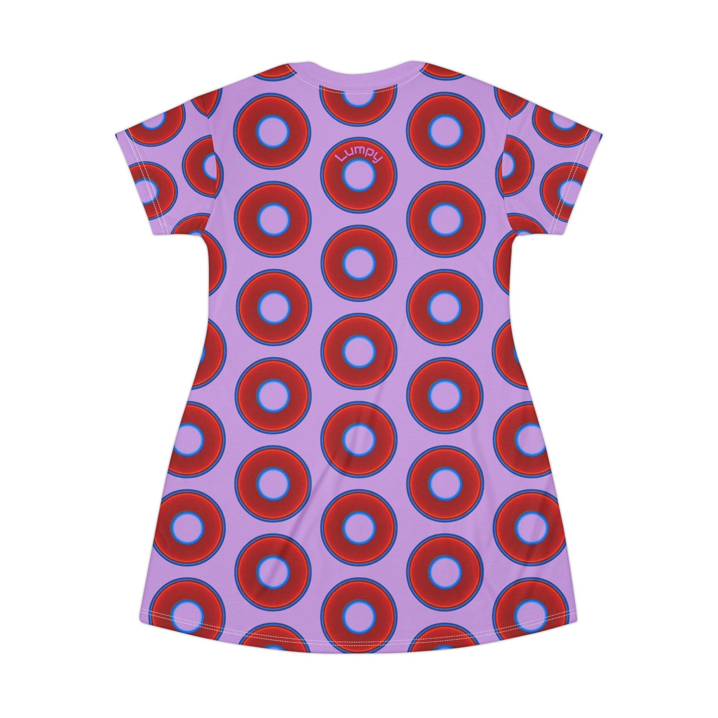 Not a Muumuu AOP Tee Shirt Dress - red vivid donuts w/wisteria purple background