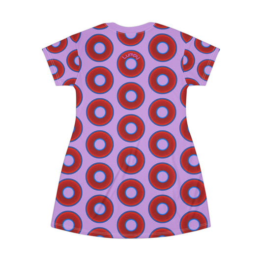 Not a Muumuu AOP Tee Shirt Dress - red vivid donuts w/wisteria purple background