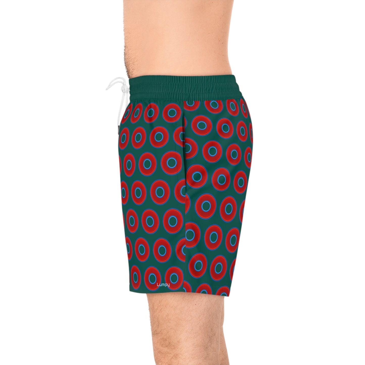 Men's Lumpy Swim Trunks - vivid red donut print w/dark Fenway green background