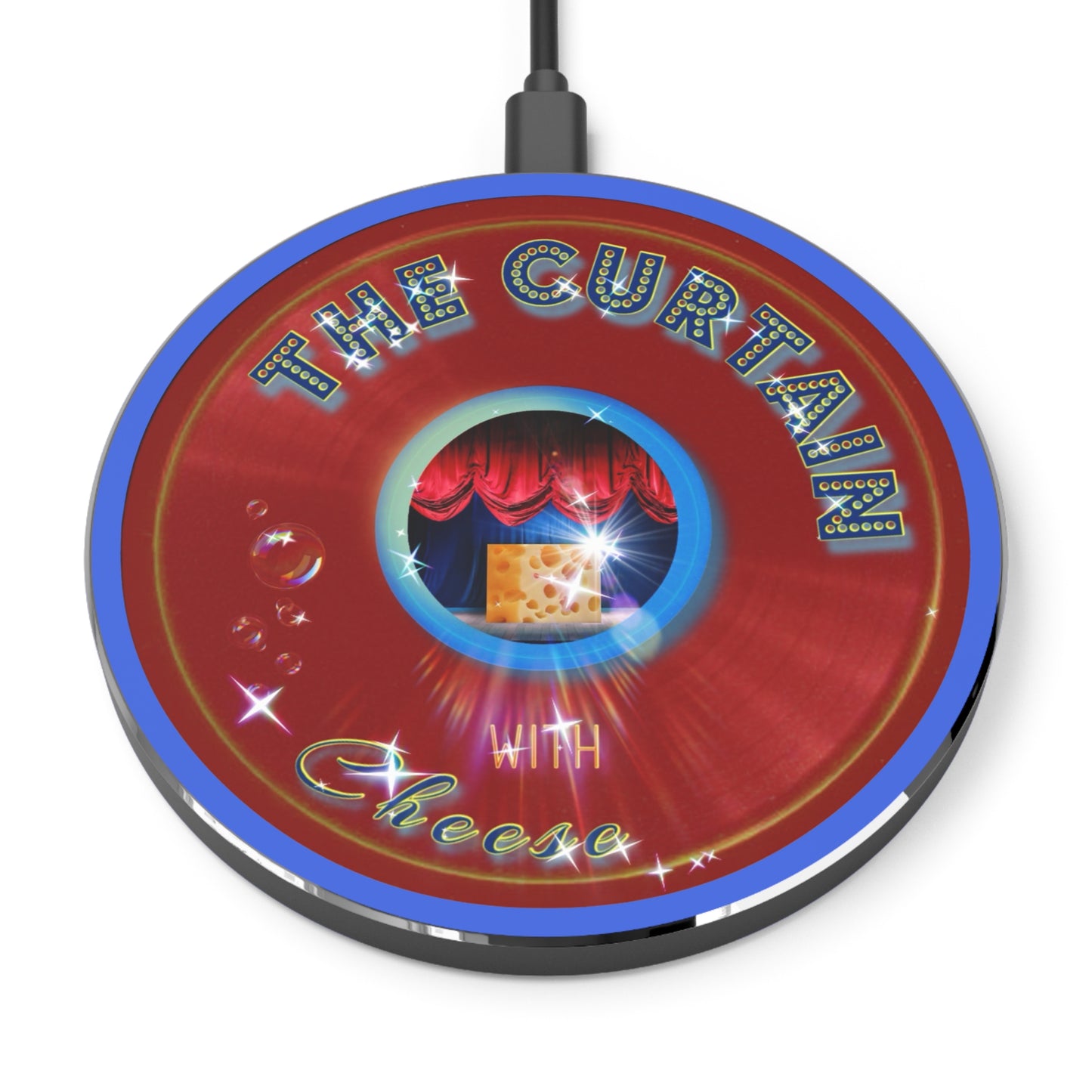 The Flow - Wireless Lumpy Donut Chargers - "The Official Donut Charger W/" - vivid red record donut w/royal blue background - variant 2