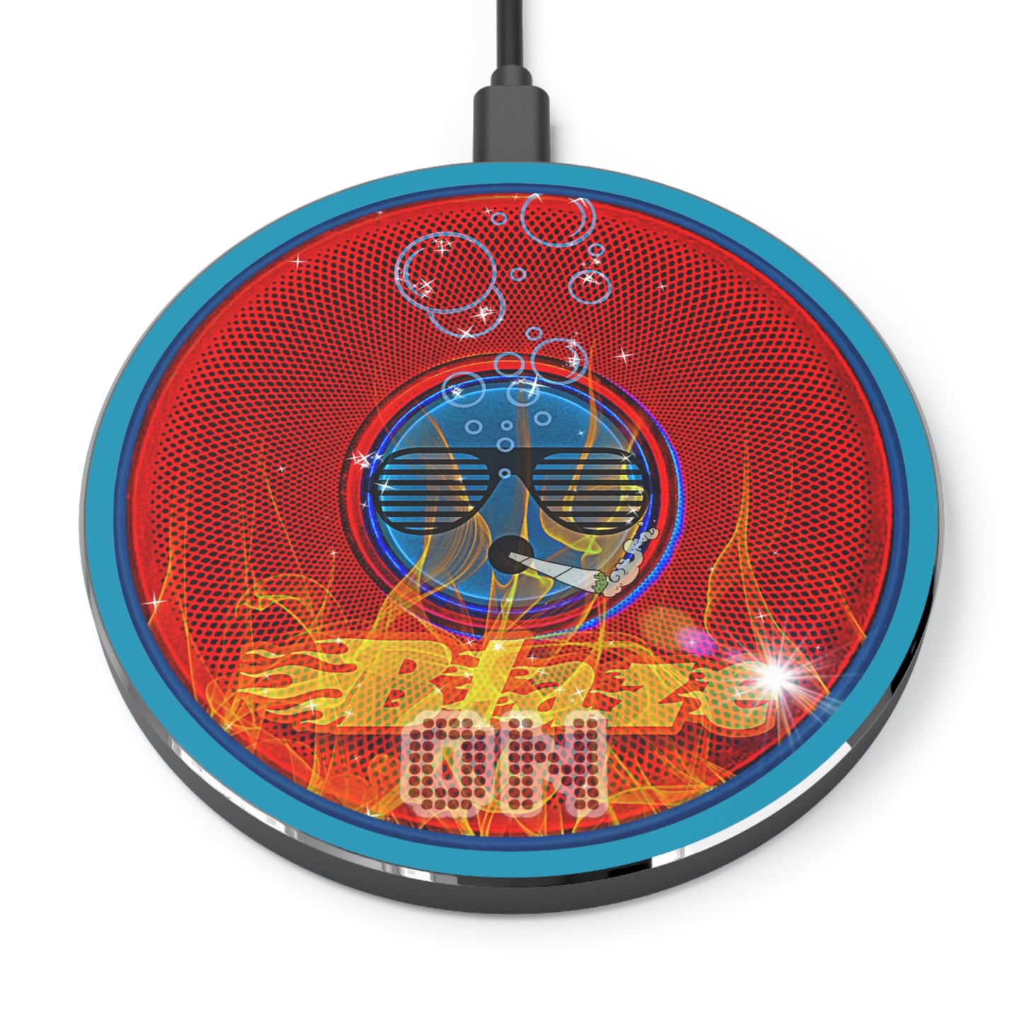 The Flow - Wireless Lumpy Donut Chargers - "Blazing Fast Donut Charger" - red phatty donut w/aquamarine background - variant 1