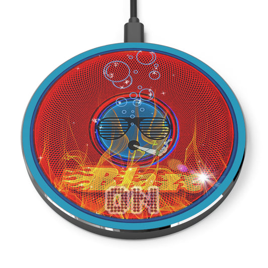 The Flow - Wireless Lumpy Donut Chargers - "Blazing Fast Donut Charger" - red phatty donut w/aquamarine background - variant 1