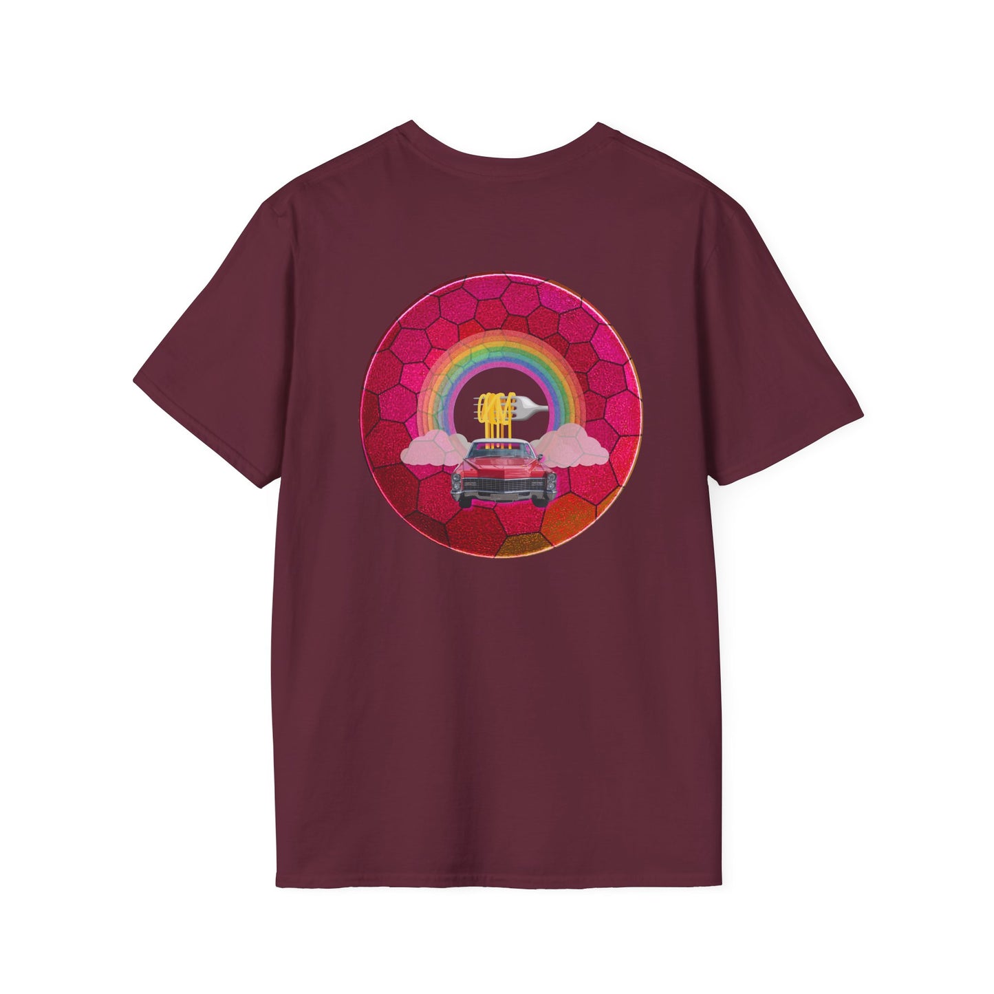 Classic Donut Tee - Unisex Soft-Style - "Cadillac Rainbows Donut Tee" - variant 1 - magenta hexadonut w/red caddy