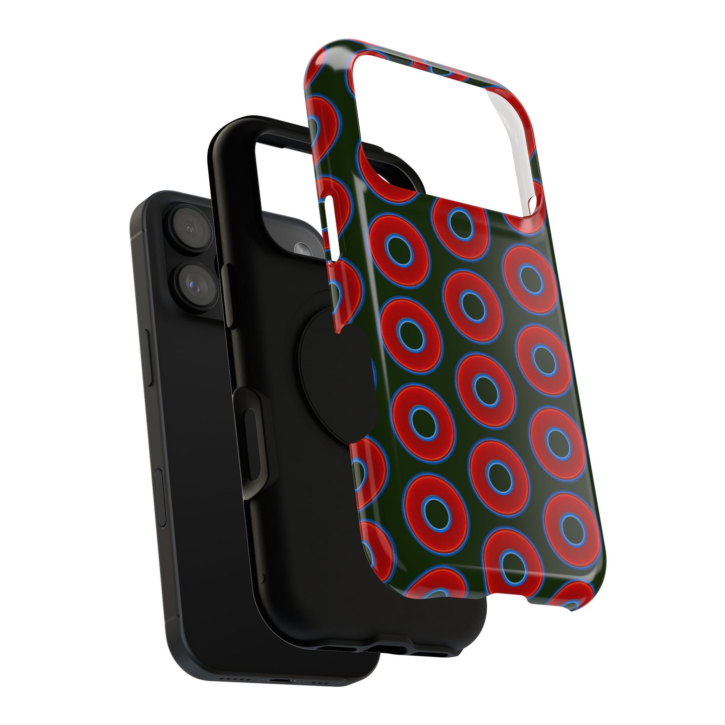Impact-Resistant Lumpy Donut Case - red vivid donut print w/deep forest green background