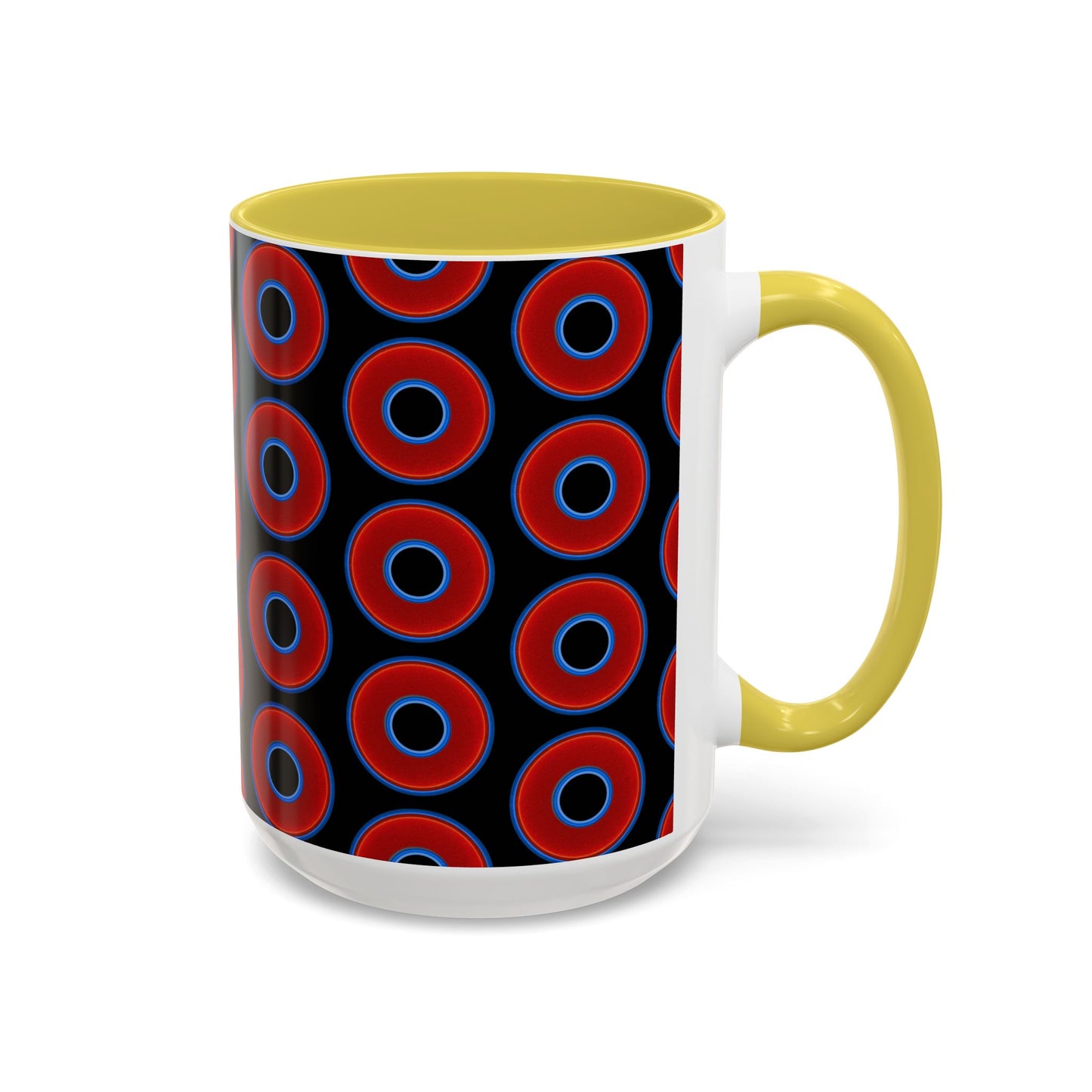 Lump's Grumpy Coffee Mug - vivid red donuts w/black background