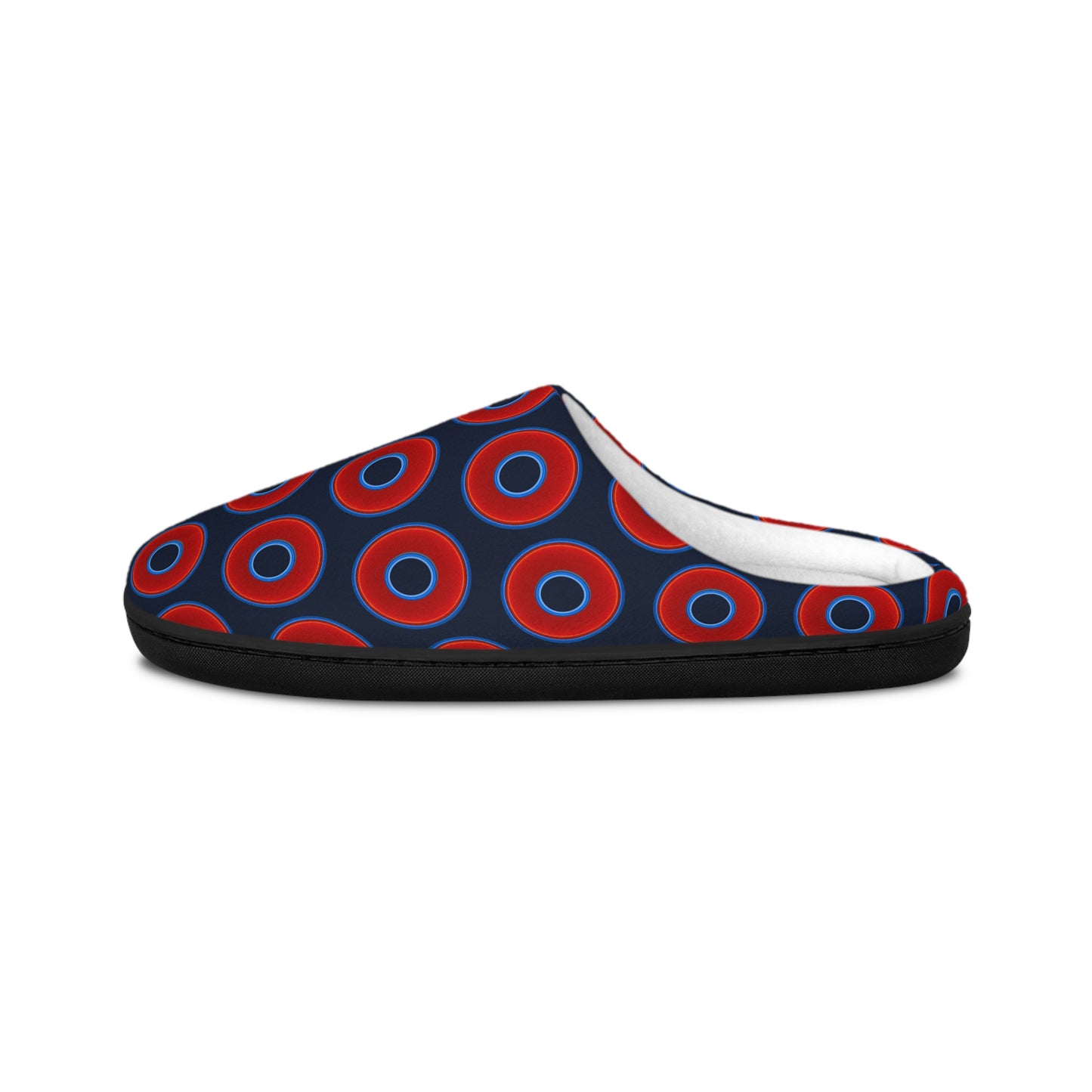 Women's Lumpy Slippers - red vivid donut print w/dark teal elite background