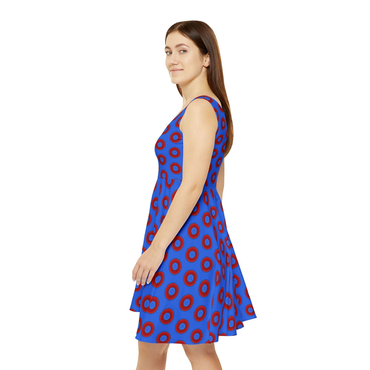 Women's Skater Donut Dress - vivid red donut print w/medium royal blue background