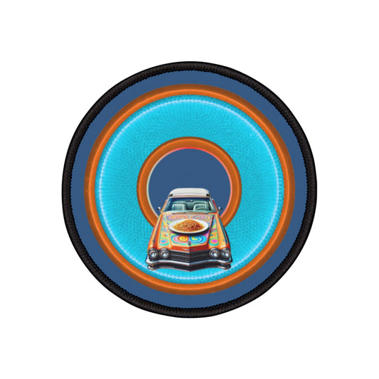 Iron-On Donut Patch - "Caddy Spaghetti Incident Donut Patch" - rustic blue/green donut - variant 3