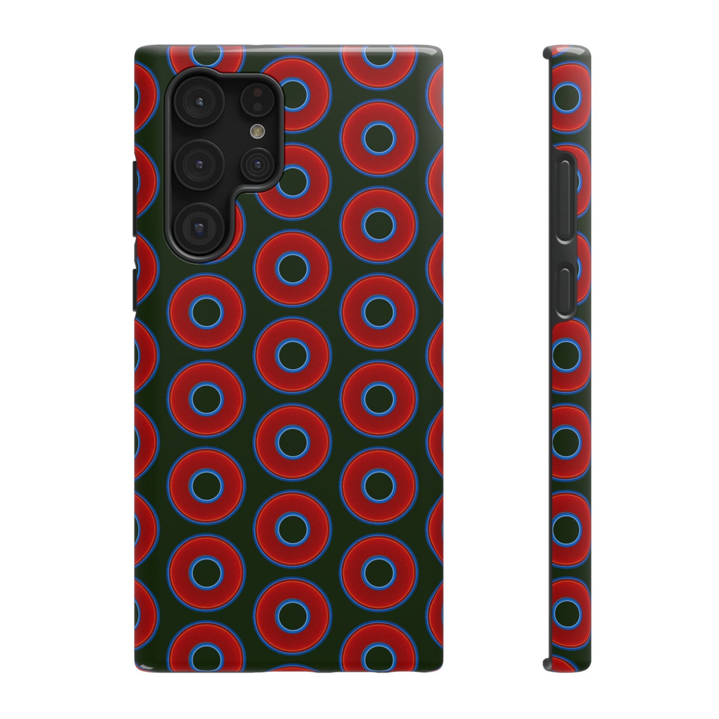 Impact-Resistant Lumpy Donut Case - red vivid donut print w/deep forest green background