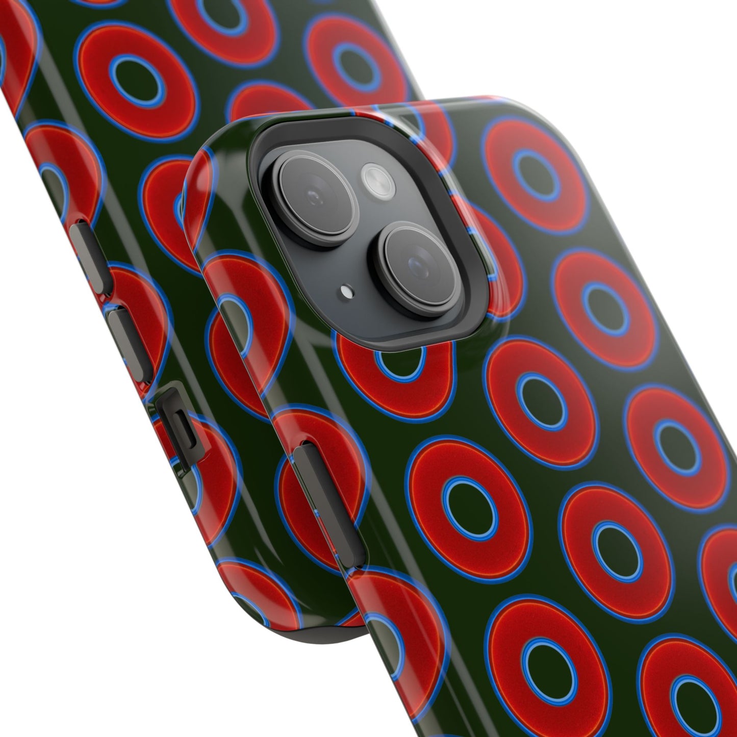 Impact-Resistant Lumpy Donut Case - red vivid donut print w/deep forest green background