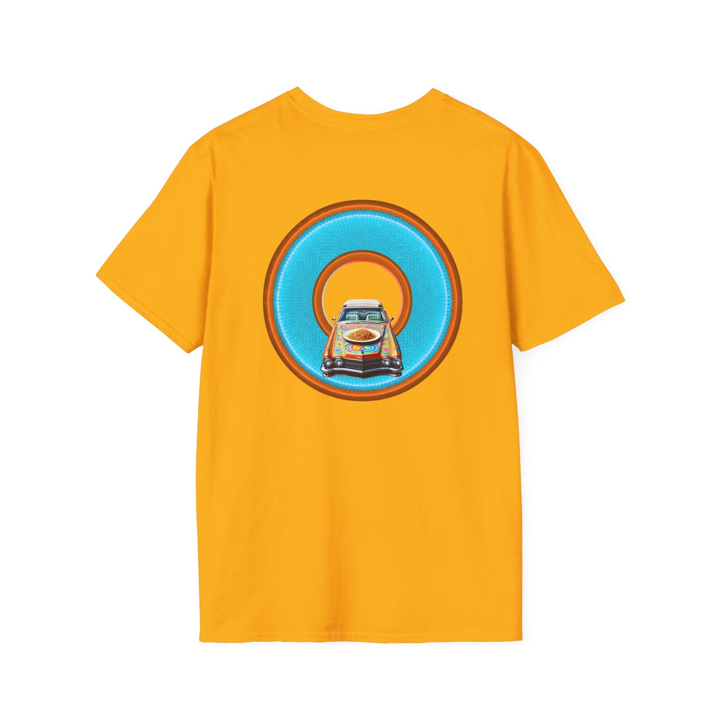 Classic Donut Tee - Unisex Soft-Style - "Cadillac Rainbow Spaghetti Incident" - series 1.0  - variant 2 - blue/orange donut