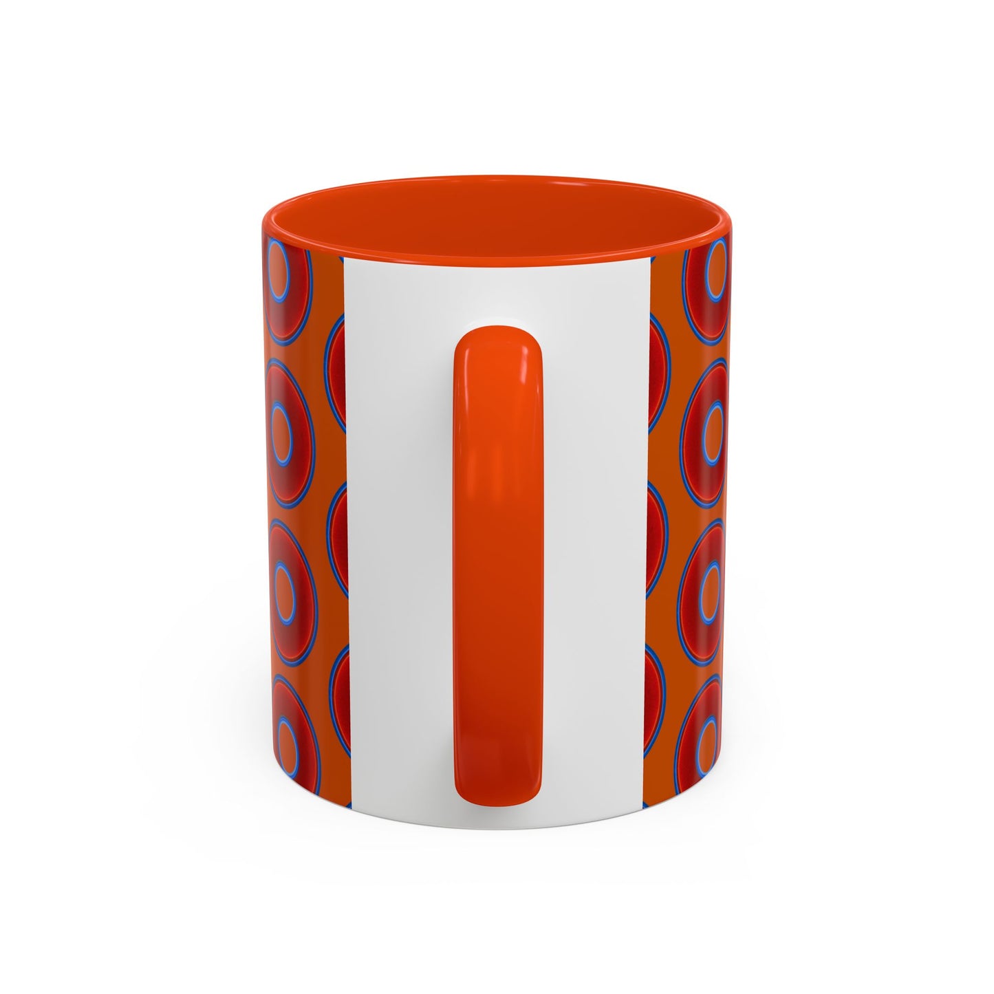 Lump's Grumpy Coffee Mug - vivid red donuts w/dark orange background